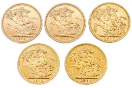 CINCO MONEDAS INGLESAS DE ORO