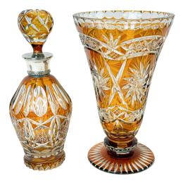 JARRÓN Y BOTELLA DE CRISTAL DE MEDIADOS DE SIGLO XX