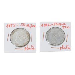 DOS MONEDAS DE 50 CÉNTIMOS DE PESO DE PLATA DE ALFONSO XII