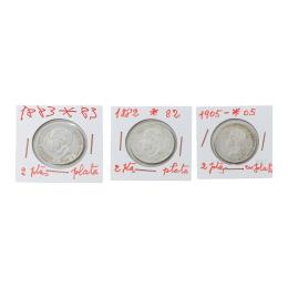TRES MONEDAS DE DOS PESETAS DE PLATA