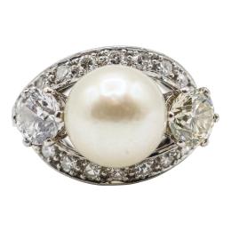 SORTIJA CON PERLA Y DIAMANTES, DE LOS AÑOS 50