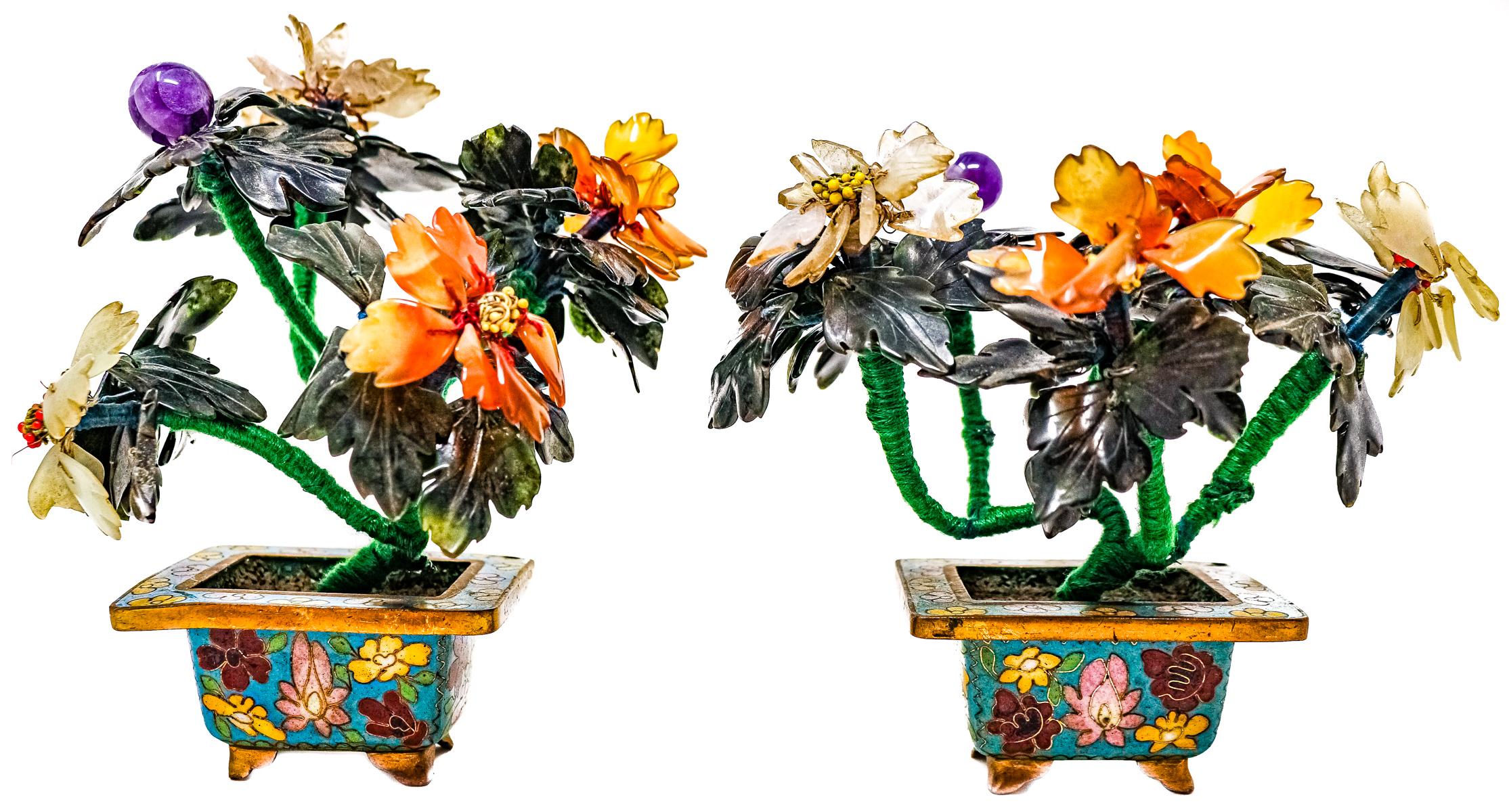 PAREJA DE "BONSAIS" EN PIEDRA DURA DE MEDIADOS DEL S.XX