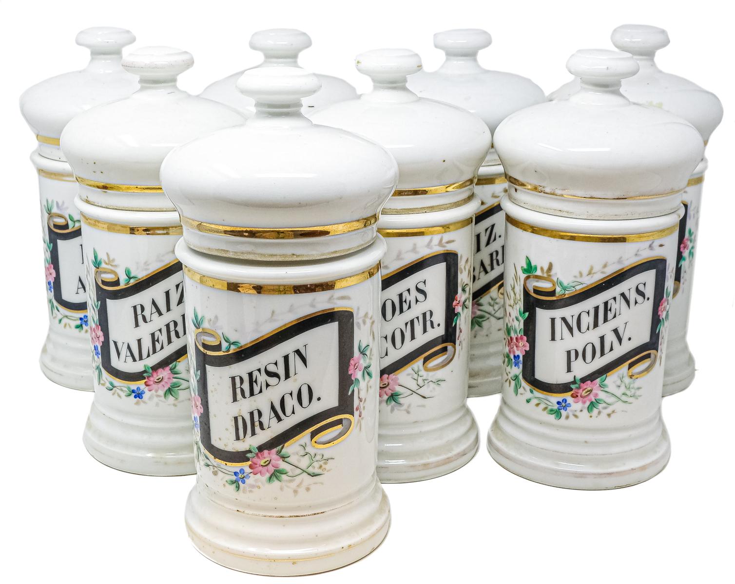 CONJUNTO DE 8 TARROS DE FARMACIA DE MEDIADOS S.XIX