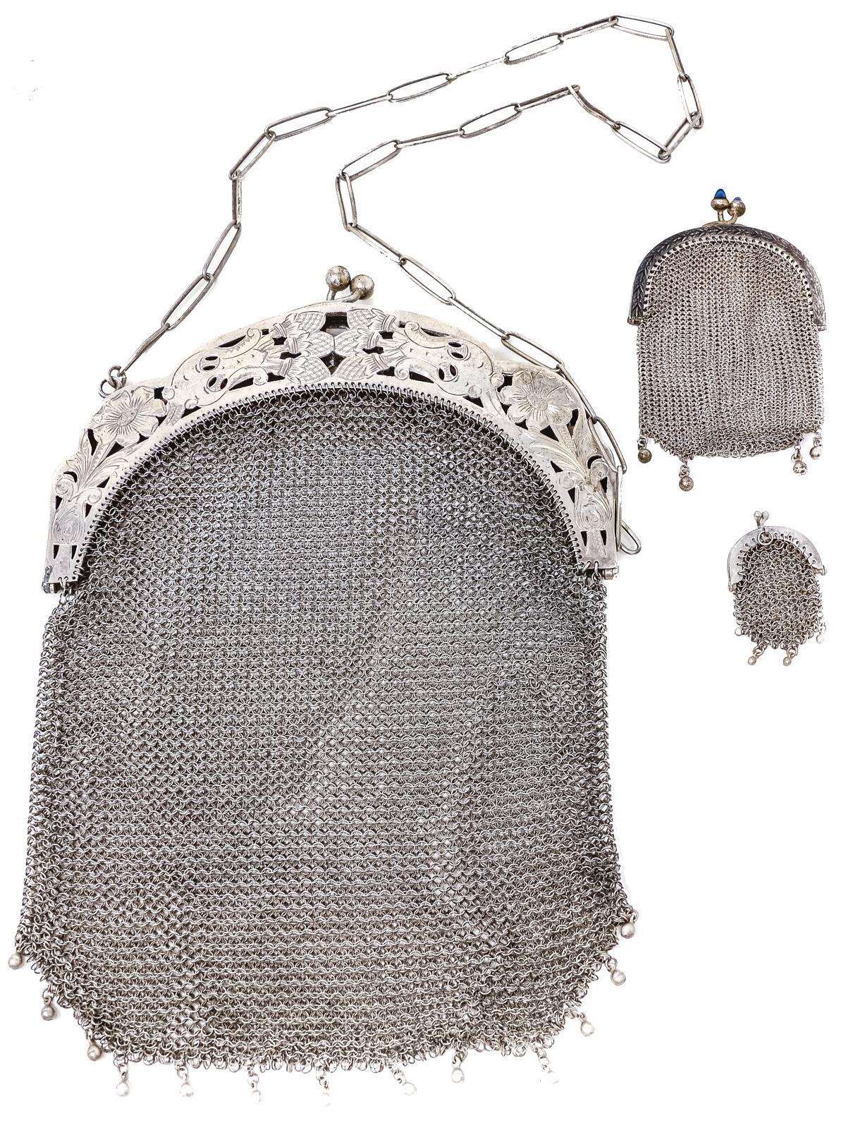 BOLSO, Y DOS PEQUEÑOS MONEDERITOS DE MALLA EN PLATA