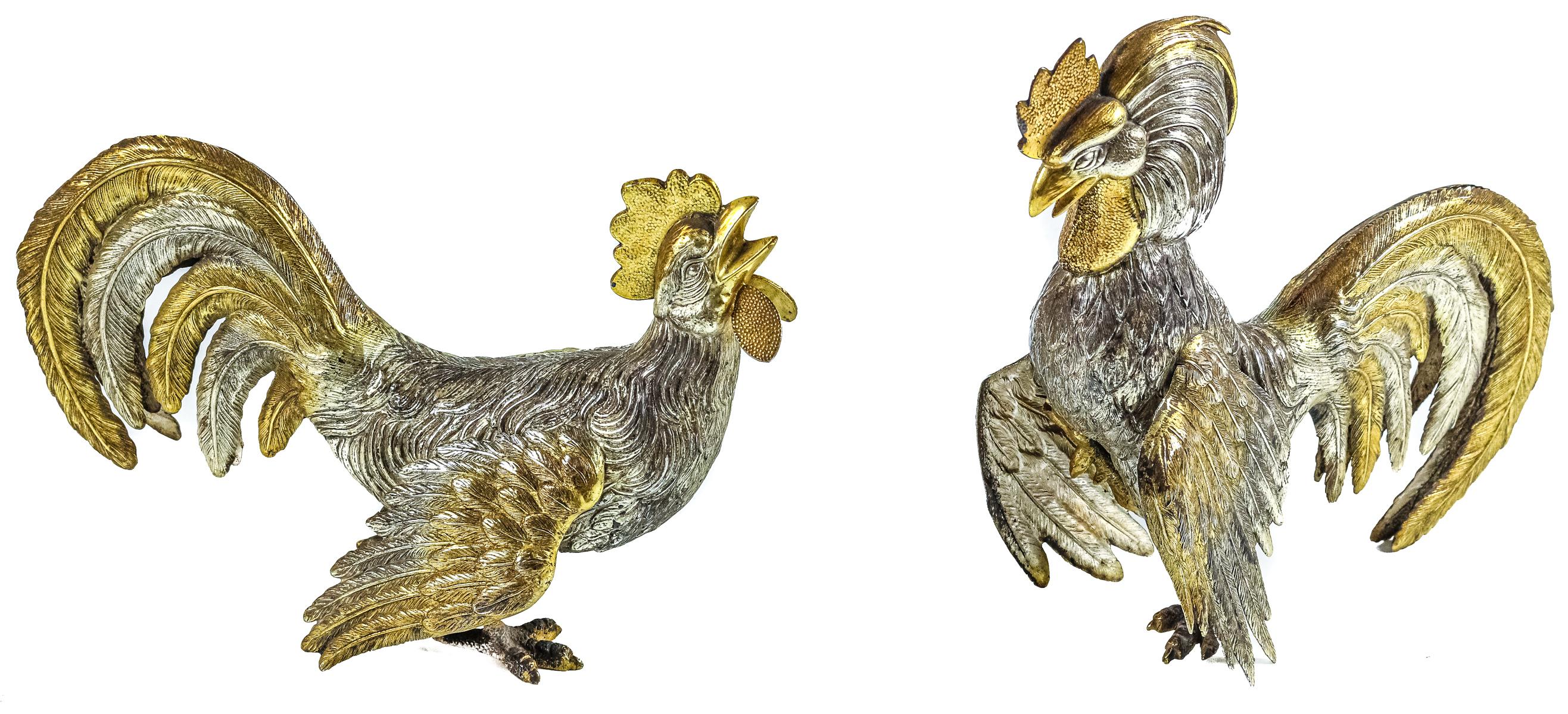 PAREJA DE GALLOS DE PELEA EN PLATA DE MEDIADOS DEL S.XX