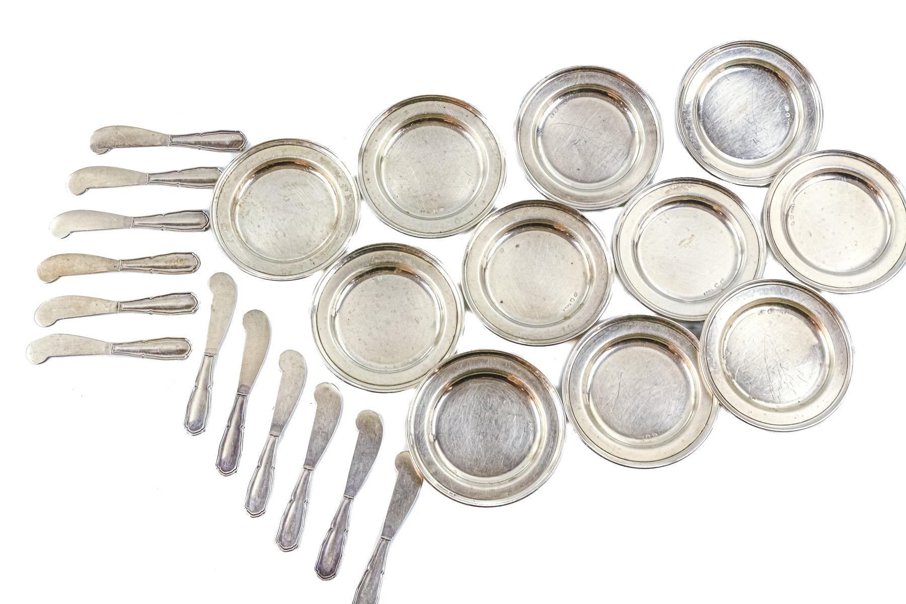 CONJUNTO DE 11 PLATITOS Y 12 PALAS PARA MANTEQUILLA EN PLATA