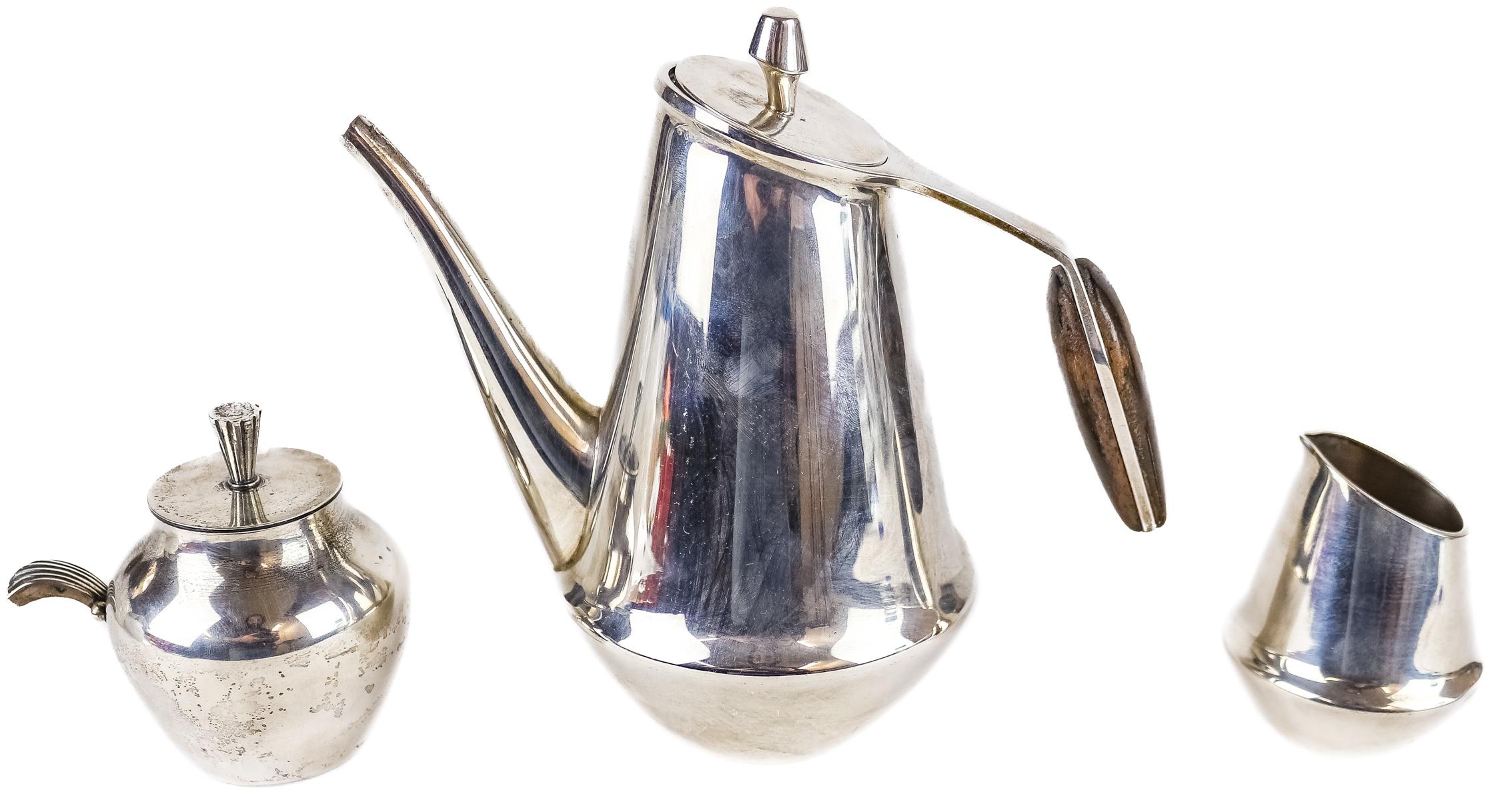CAFETERA, LECHERA Y TARRO ESPECIERO EN PLATA AÑOS 70