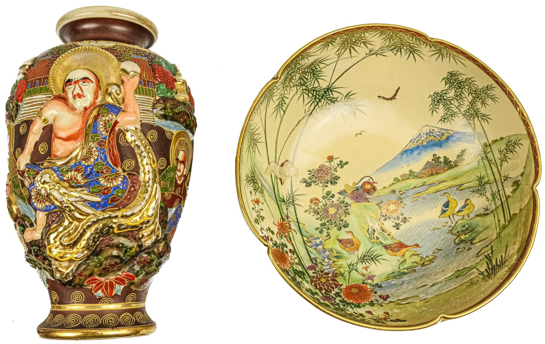CENTRO EN CERÁMICA Y JARRÓN DE PORCELANA JAPONESA