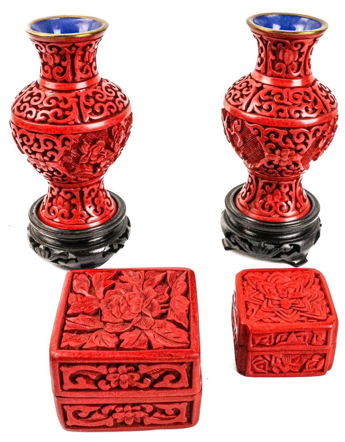 DOS JARRONCITOS Y DOS CAJITAS EN LACA CHINA 