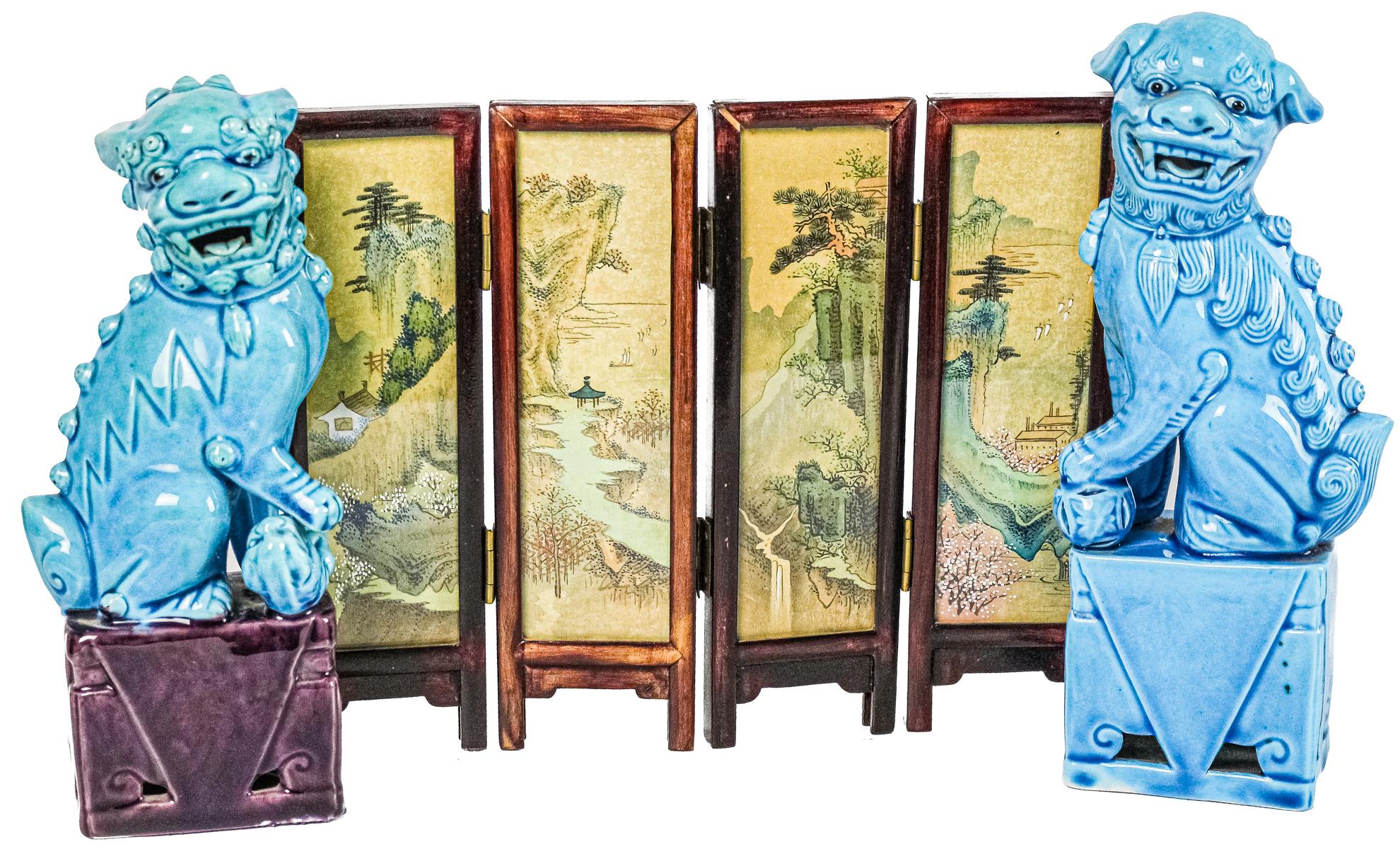 PERROS FOO Y BIOMBO EN MINIATURA DE MEDIADOS S.XX