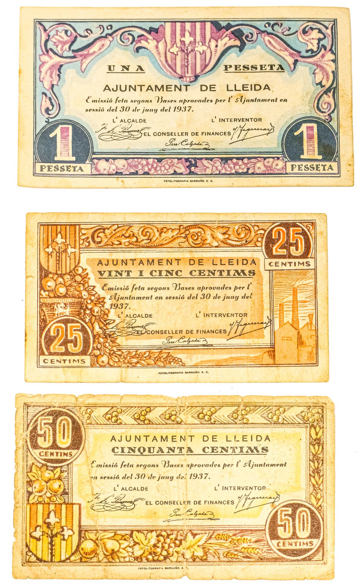 TRES BILLETES DE LÉRIDA DE LA GUERRA CIVIL