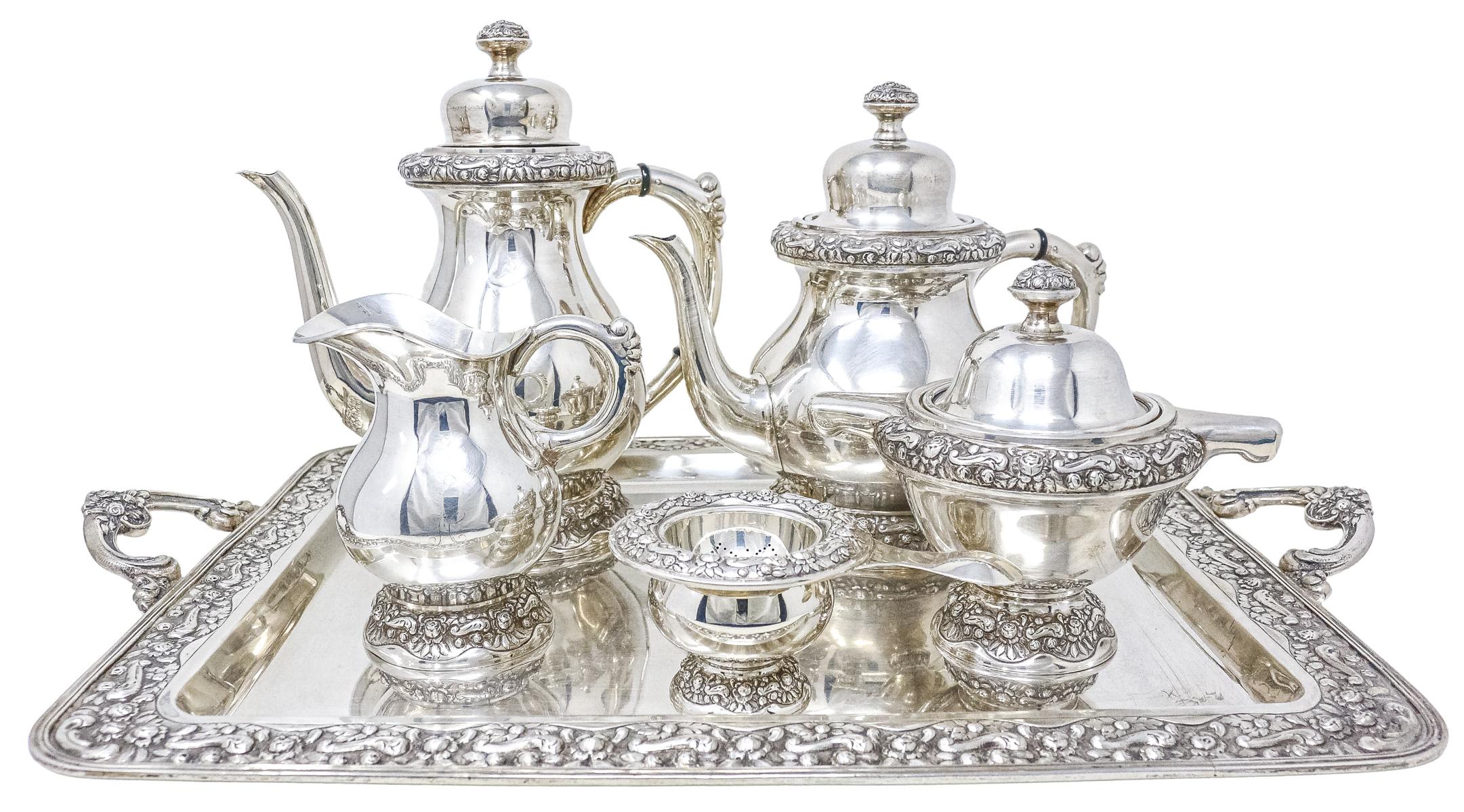 JUEGO DE CAFÉ Y TÉ EN PLATA DE MEDIADOS DEL S.XX