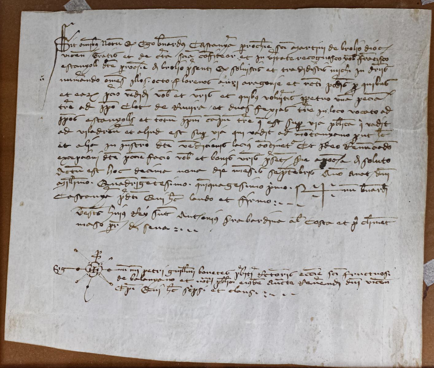 CUATRO MANUSCRITOS ENMARCADOS  DEL S. XV