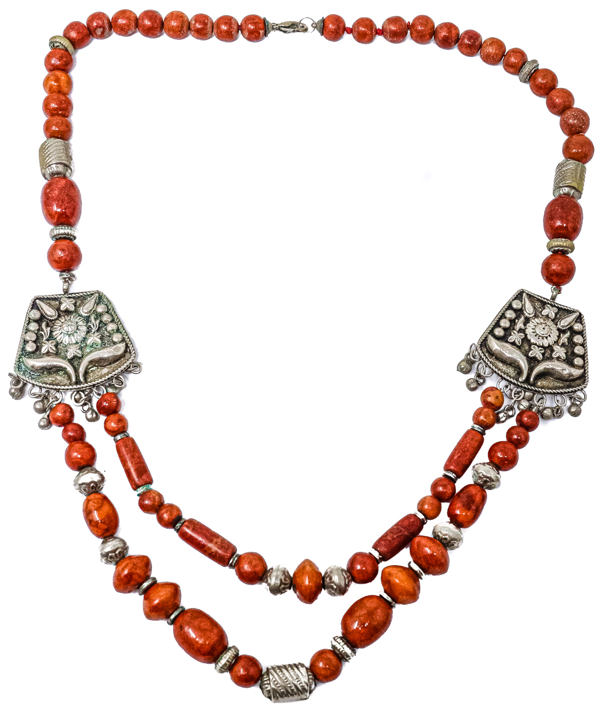 COLLAR ÉTNICO DE CORAL ESPONJA Y PLATA