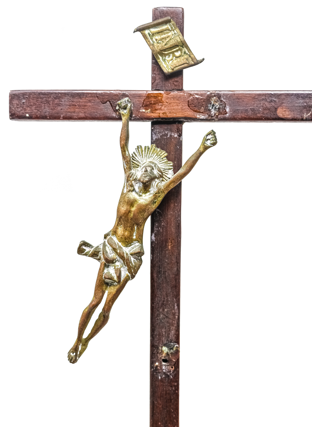 CRUCIFIJO EN BRONCE SOBRE CRUZ EN MADERA DEL SIGLO XIX