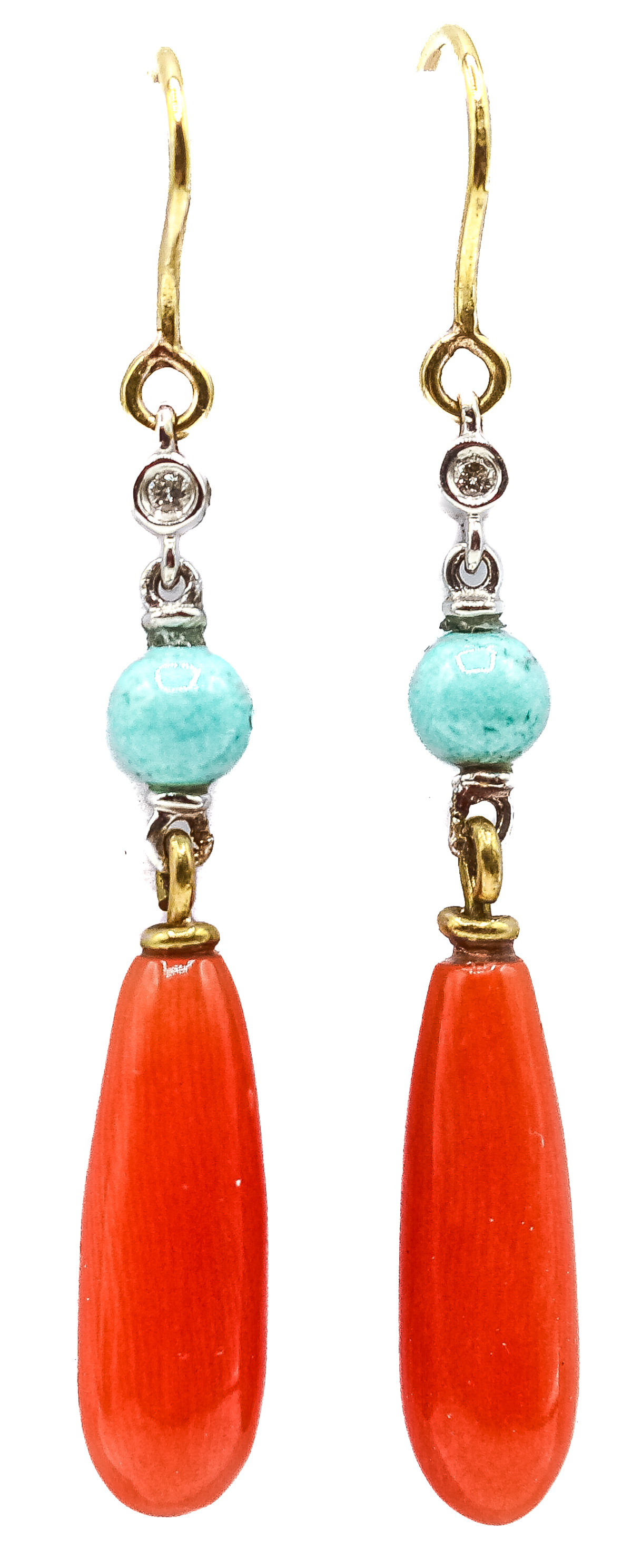 PENDIENTES LARGOS CON BRILLANTE, CORAL Y TURQUESA