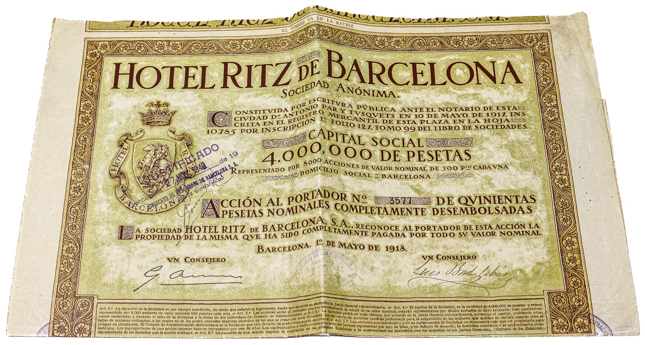 ACCIÓN DEL HOTEL RITZ DE 1918