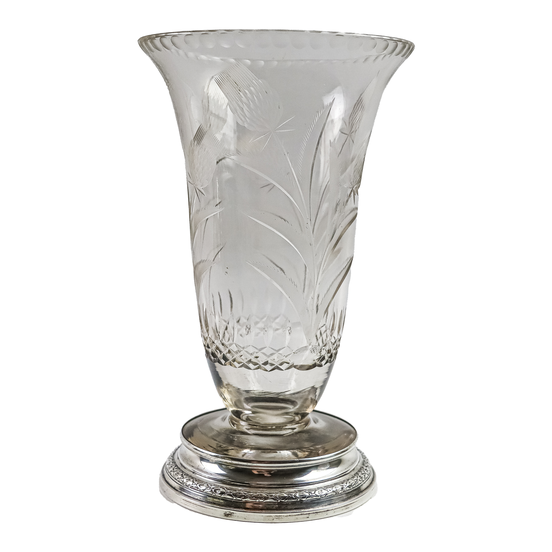 JARRÓN EN CRISTAL Y PLATA DE MEDIADOS DEL S.XX