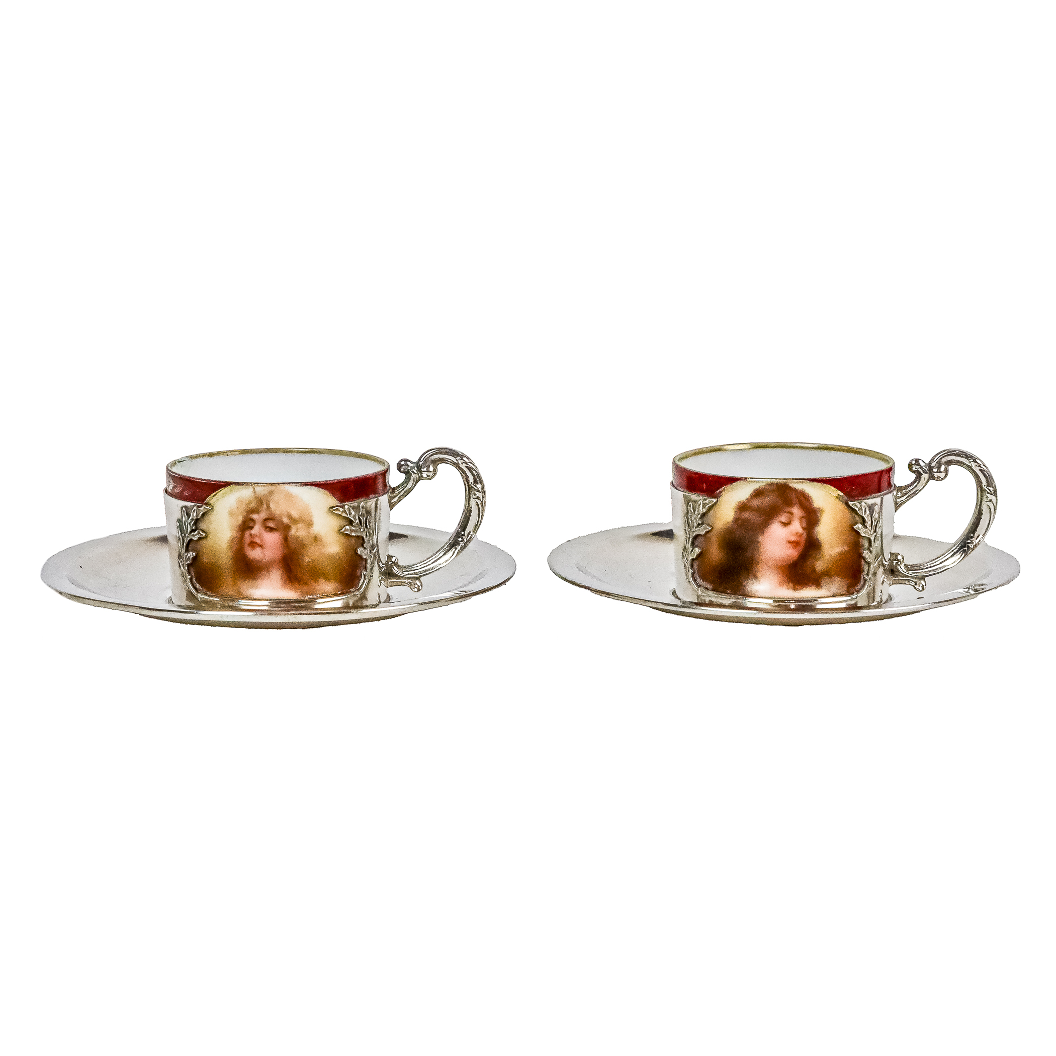 PAREJA DE TAZAS EN PLATA Y PORCELANA AUSTRIACA