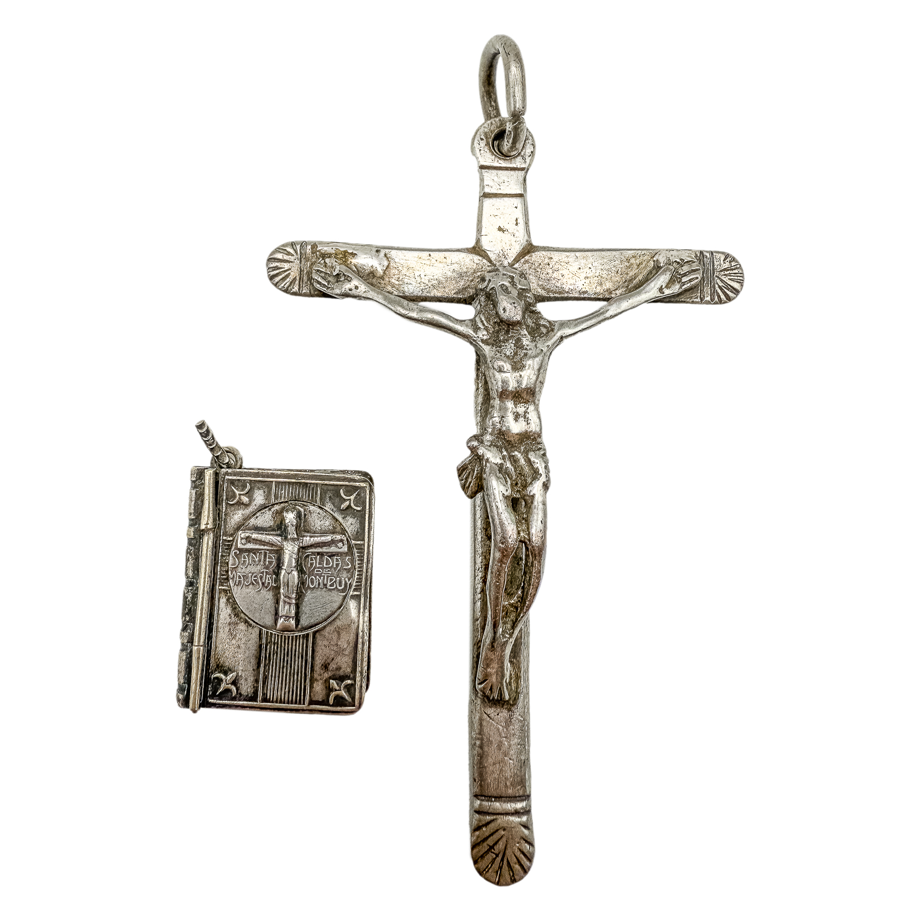 CRUCIFIJO Y CAJITA ROSARIO EN PLATA Y METAL