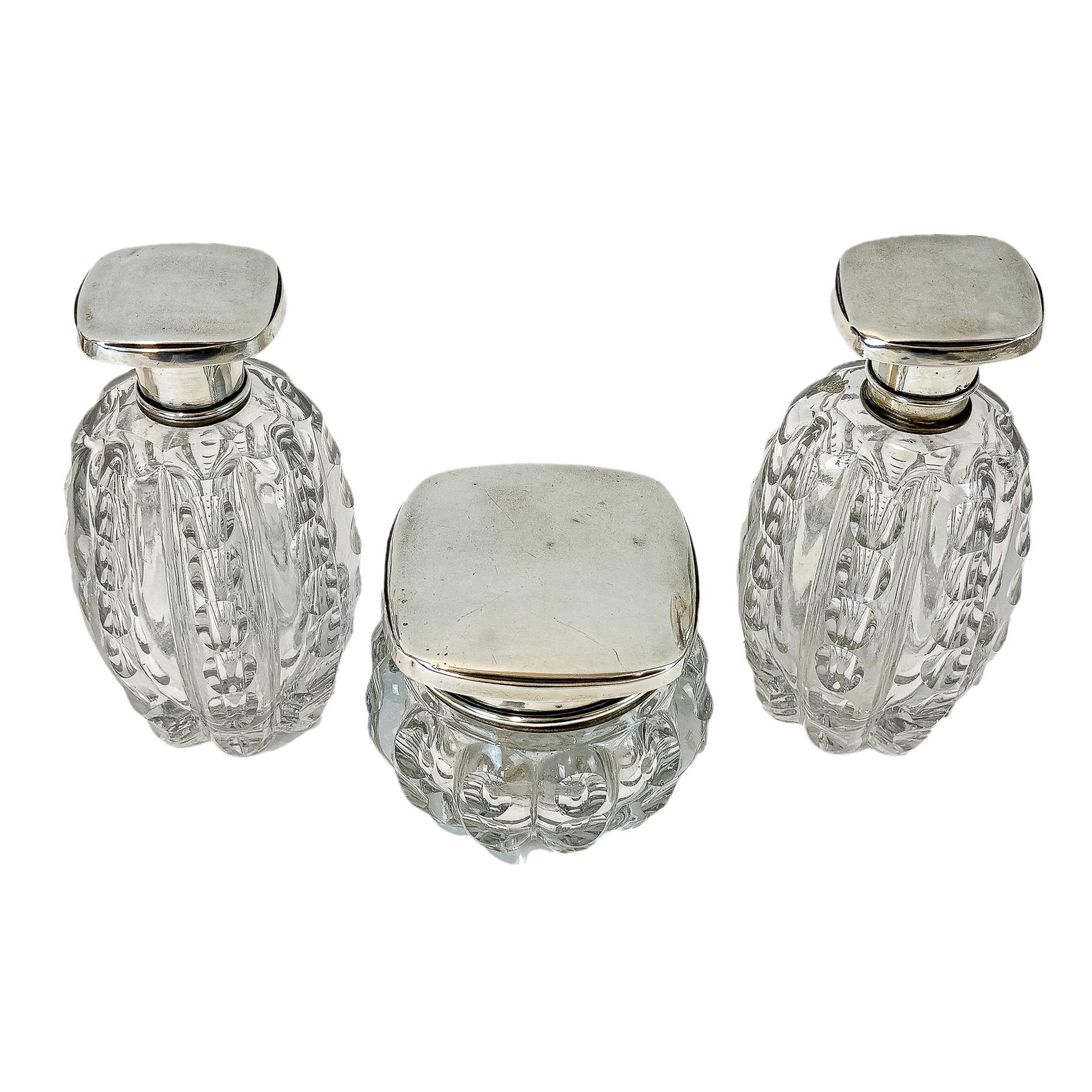 TARROS DE TOCADOR EN CRISTAL Y PLATA MEDIADOS S. XX