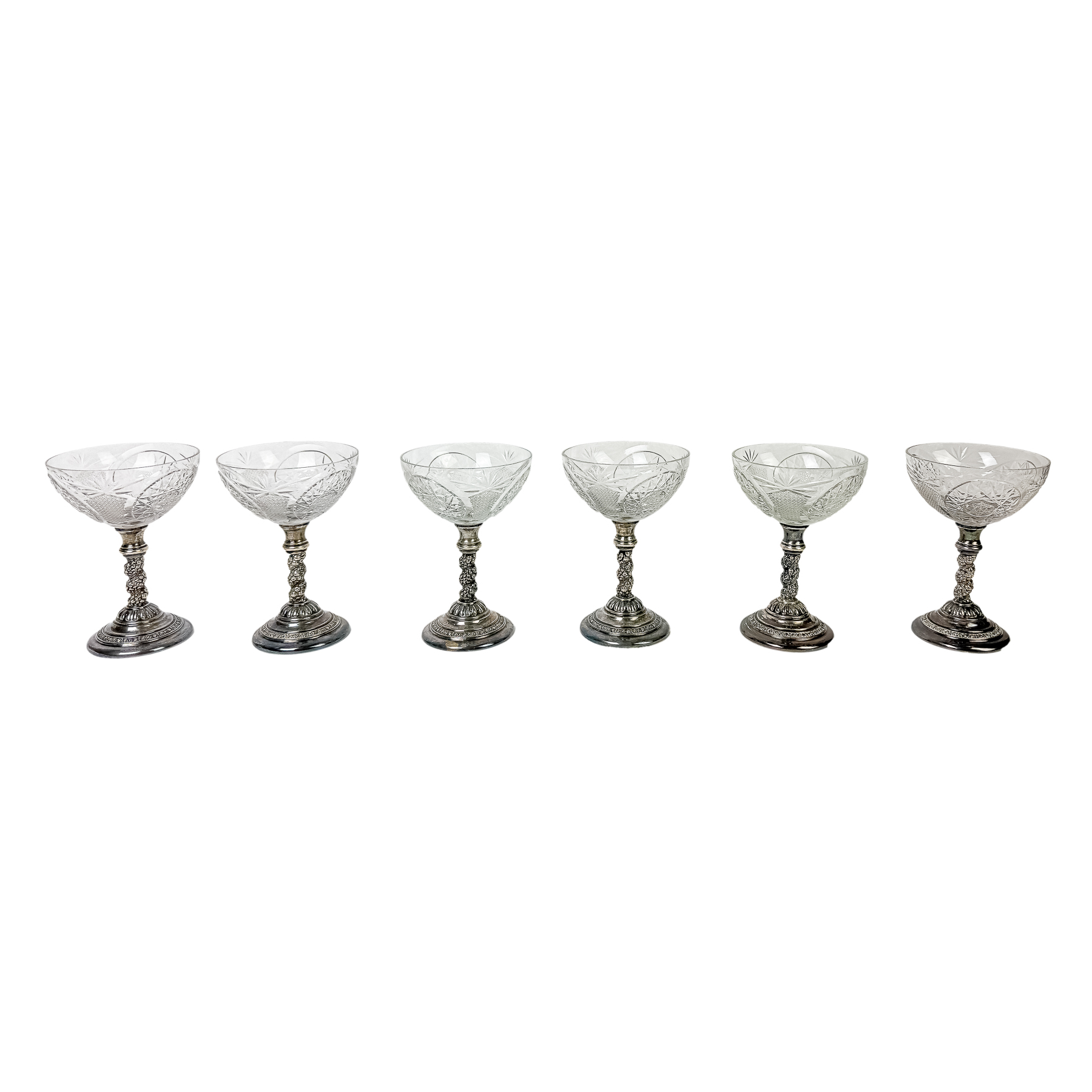 JUEGO DE SEIS COPAS PLATA Y CRISTAL DE MEDIADOS DE SIGLO XX