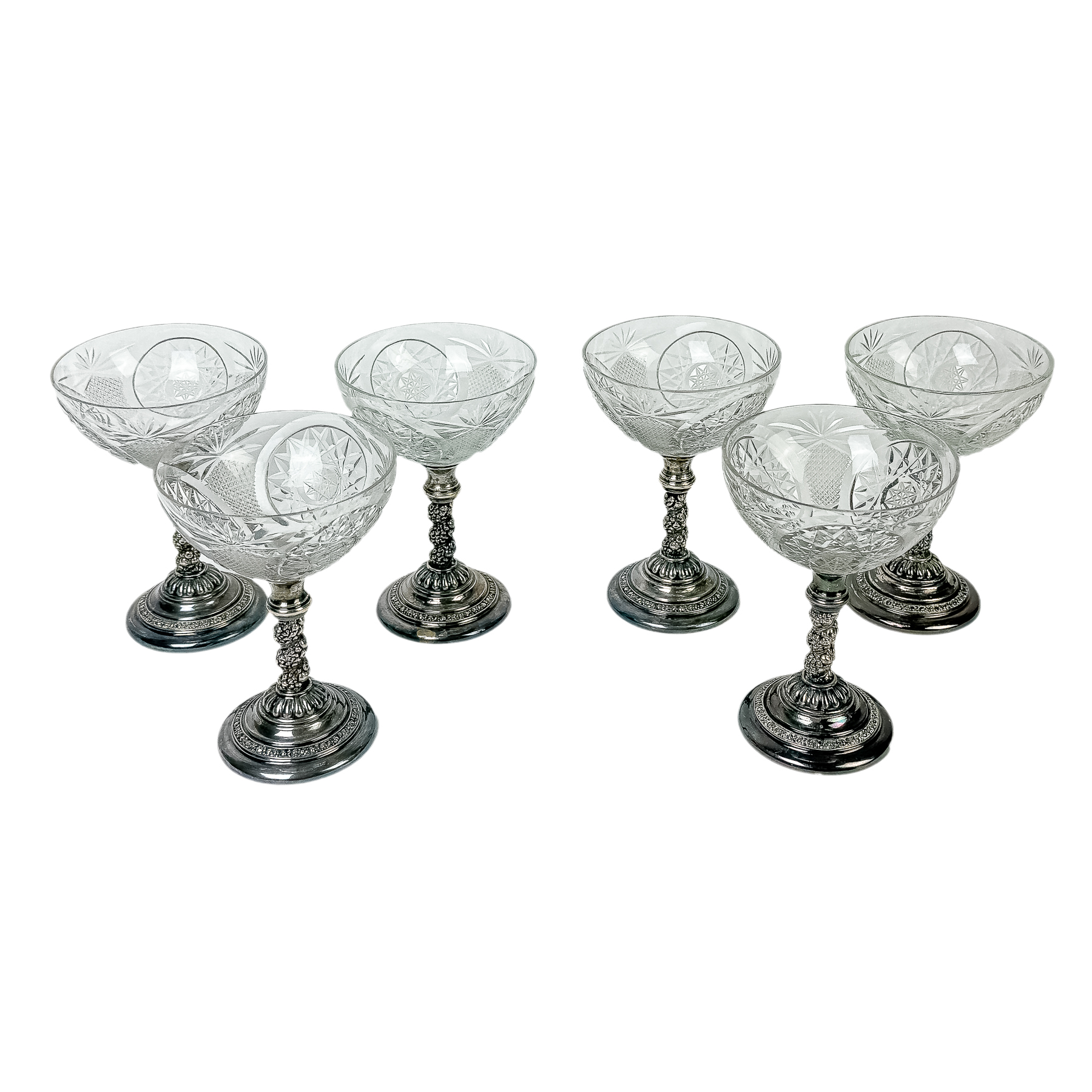 JUEGO DE SEIS COPAS PLATA Y CRISTAL DE MEDIADOS DE SIGLO XX