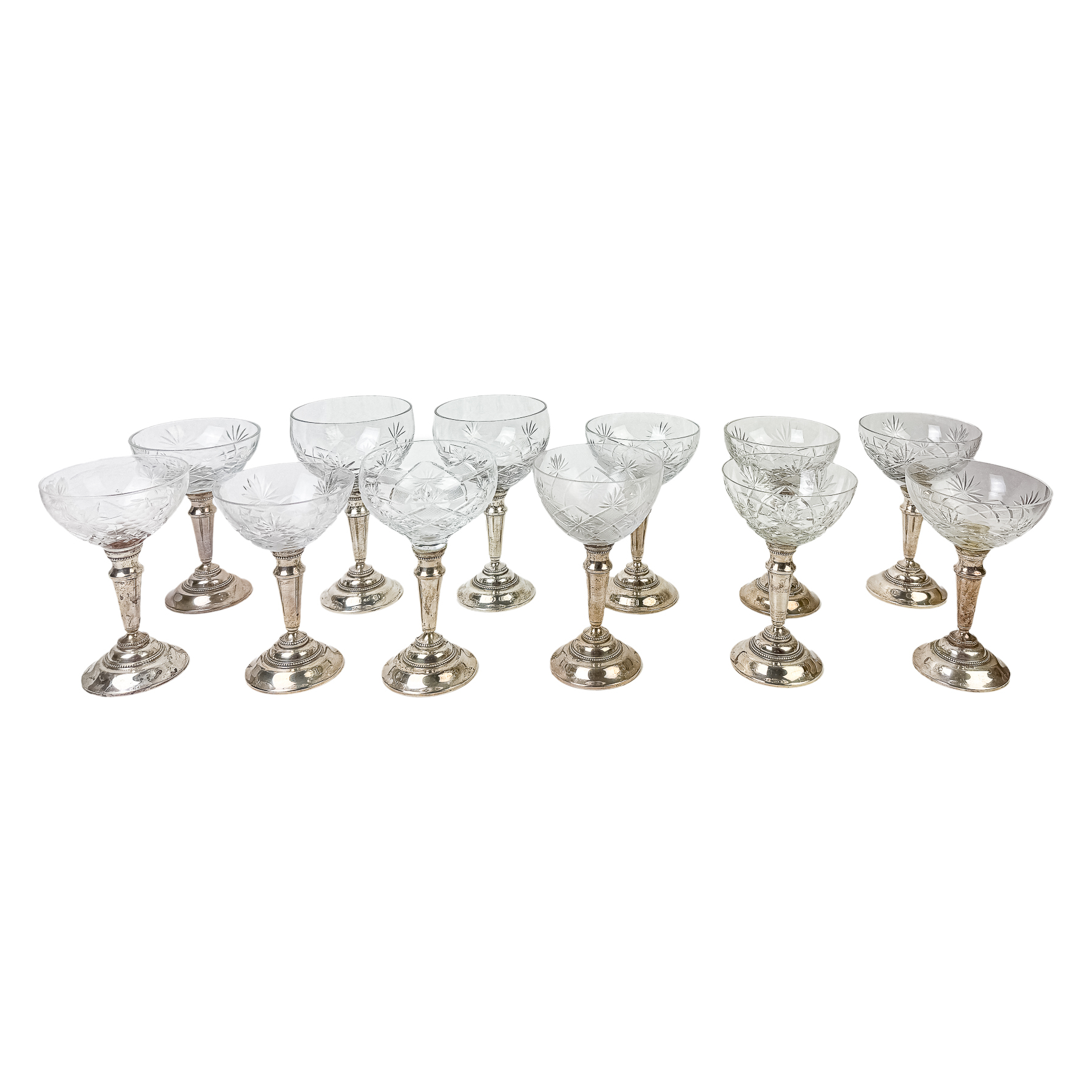CONJUNTO DE 12 COPAS EN CRISTAL Y PLATA