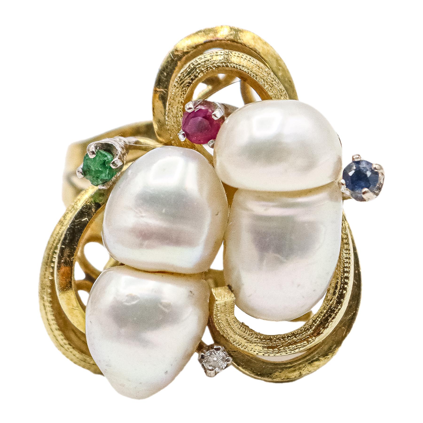 SORTIJA CON PERLAS Y PIEDRAS PRECIOSAS, AÑOS 60