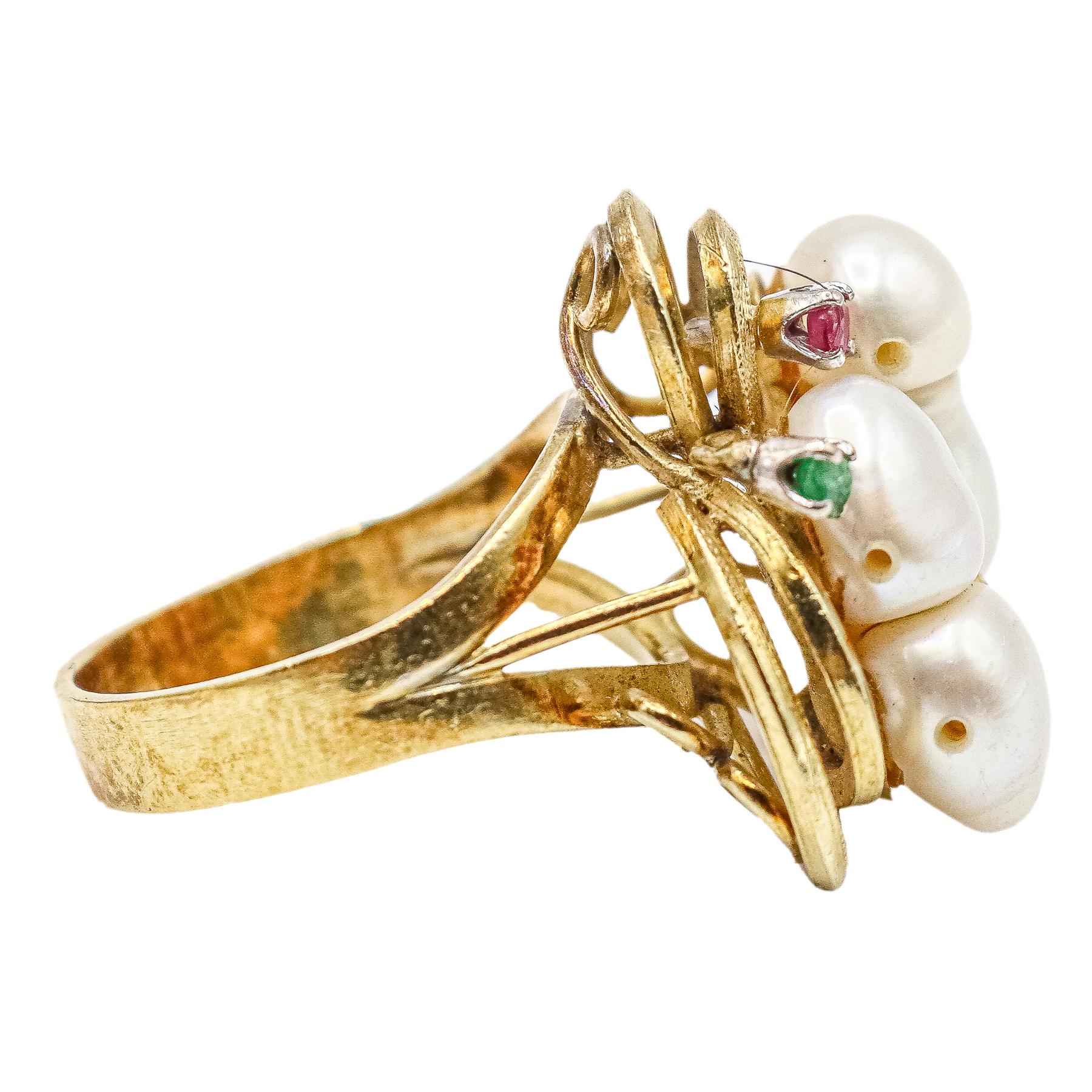 SORTIJA CON PERLAS Y PIEDRAS PRECIOSAS, AÑOS 60