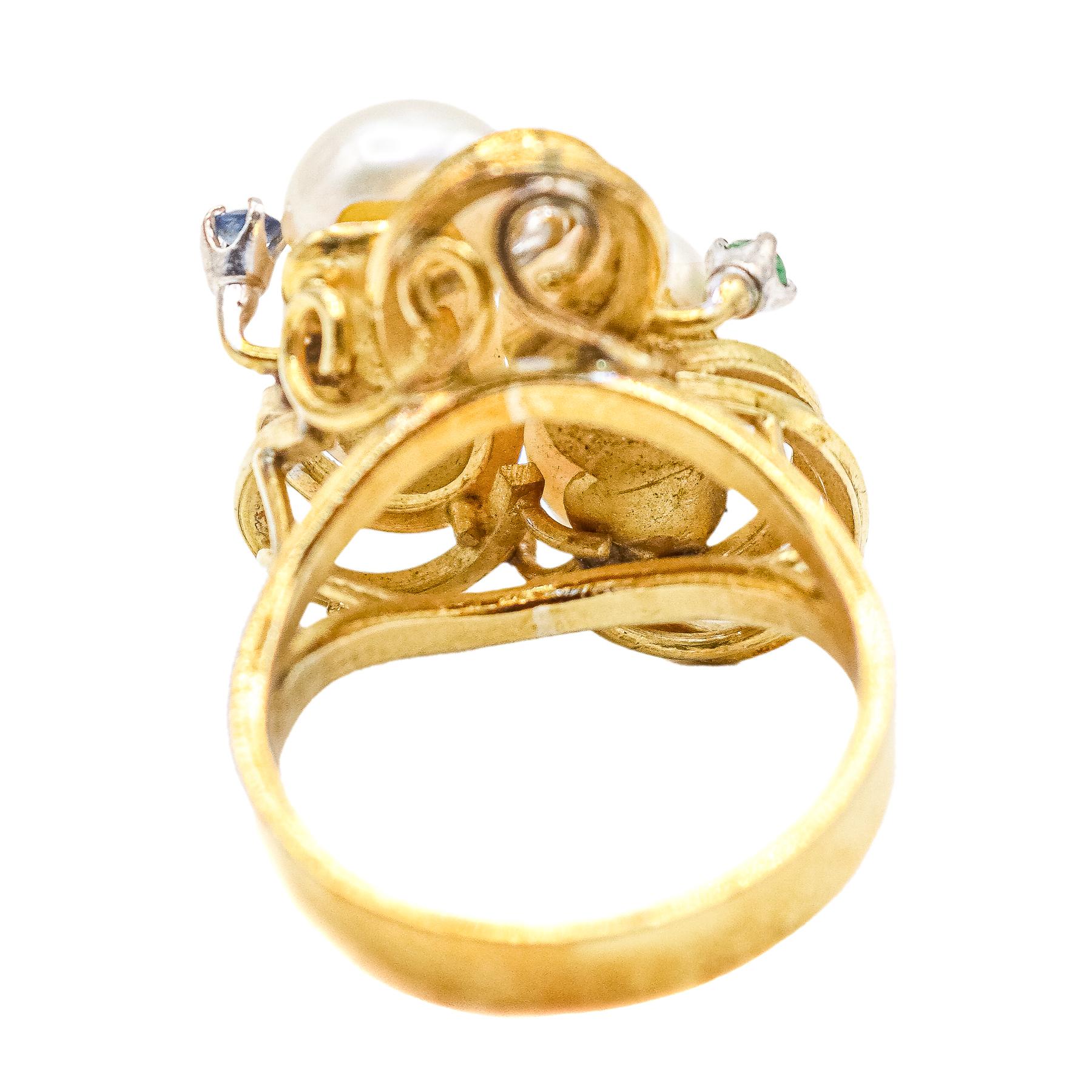 SORTIJA CON PERLAS Y PIEDRAS PRECIOSAS, AÑOS 60