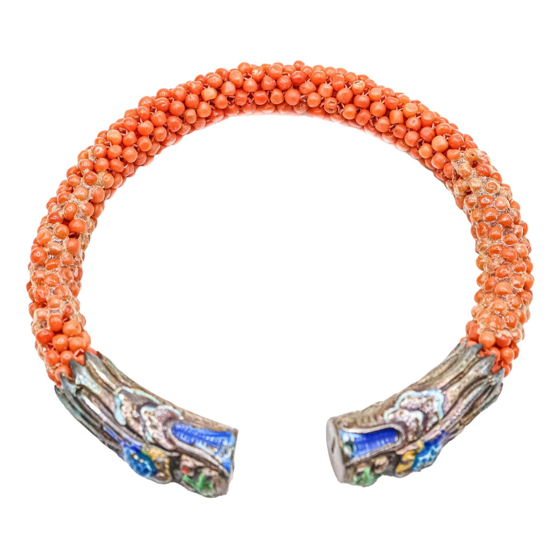 PULSERA ORIENTAL CON CORAL Y PLATA ESMALTADA