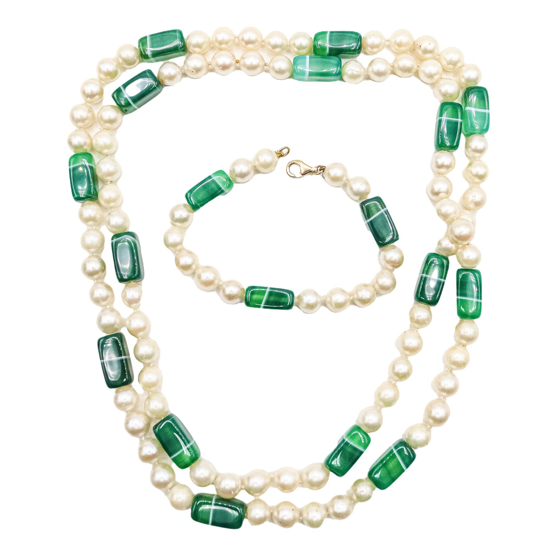 COLLAR Y PULSERA DE PERLAS CULTIVADAS Y ÁGATA VERDE