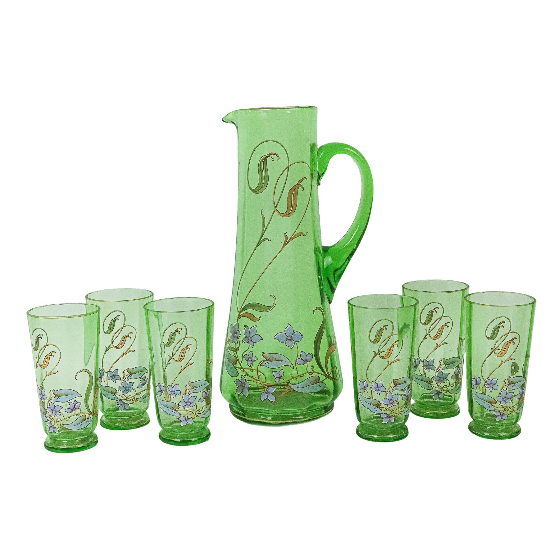 JARRA Y SEIS VASOS DE PPS. DEL S.XX