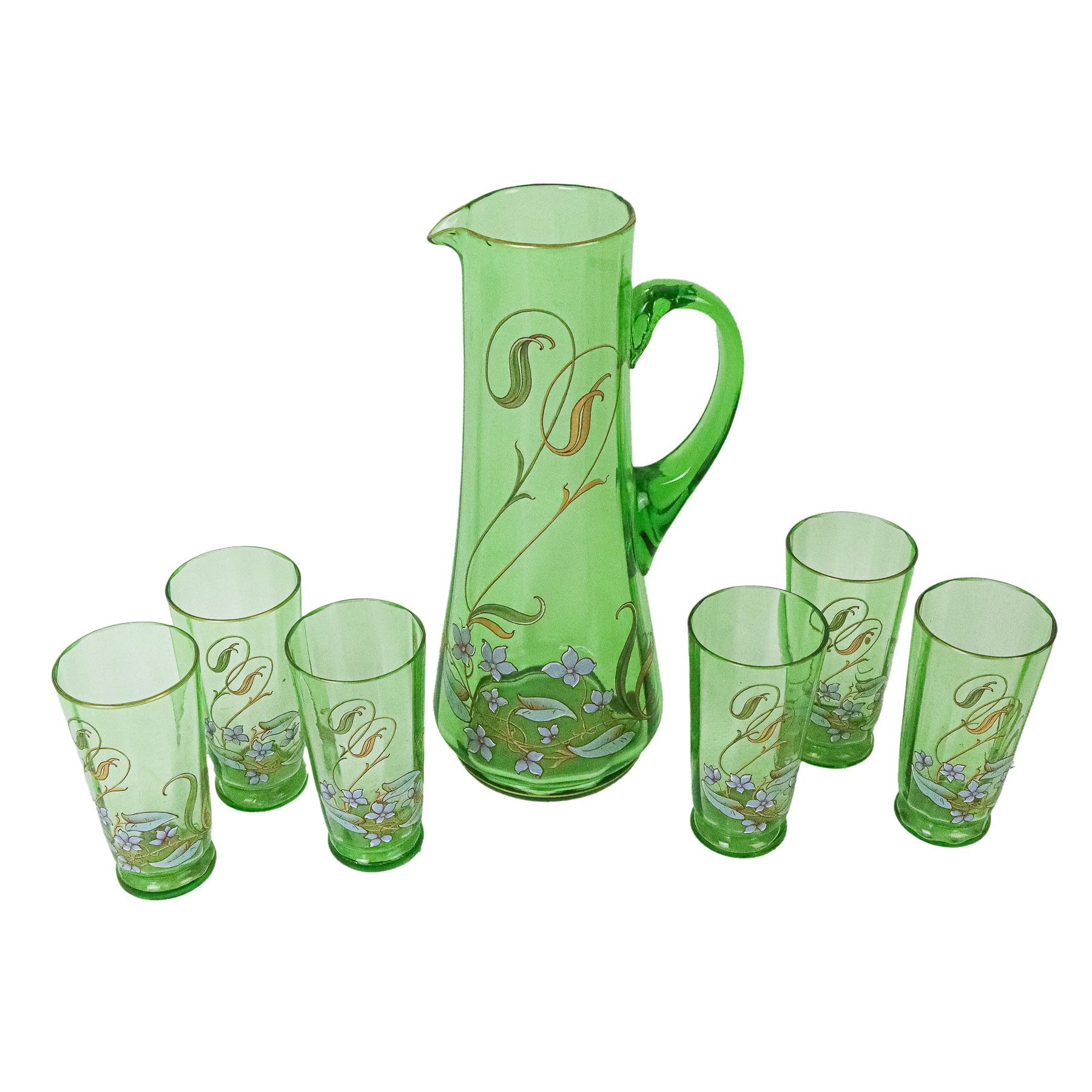 JARRA Y SEIS VASOS DE PPS. DEL S.XX