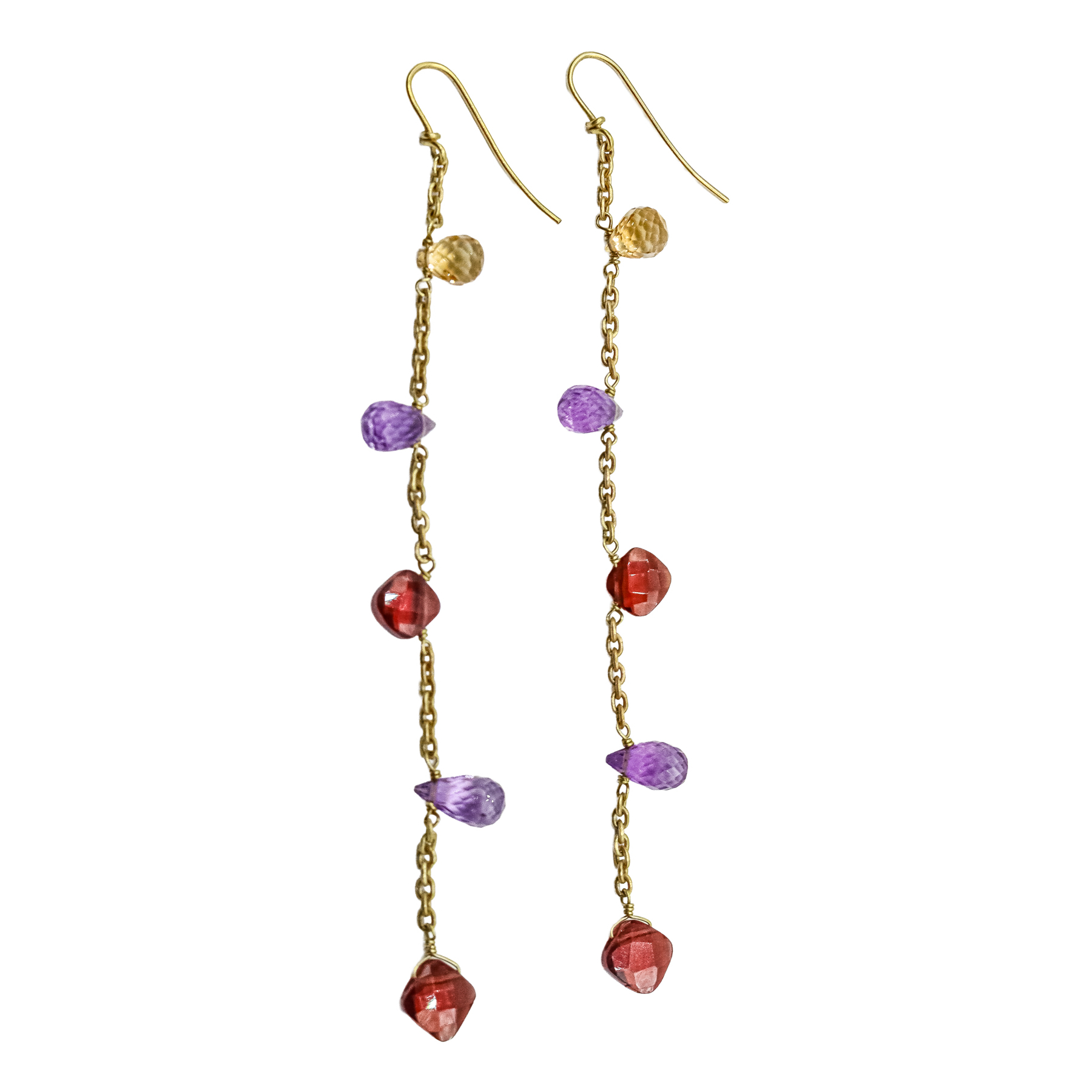 PENDIENTES LARGOS CON GRANATES, AMATISTAS Y CITRINOS