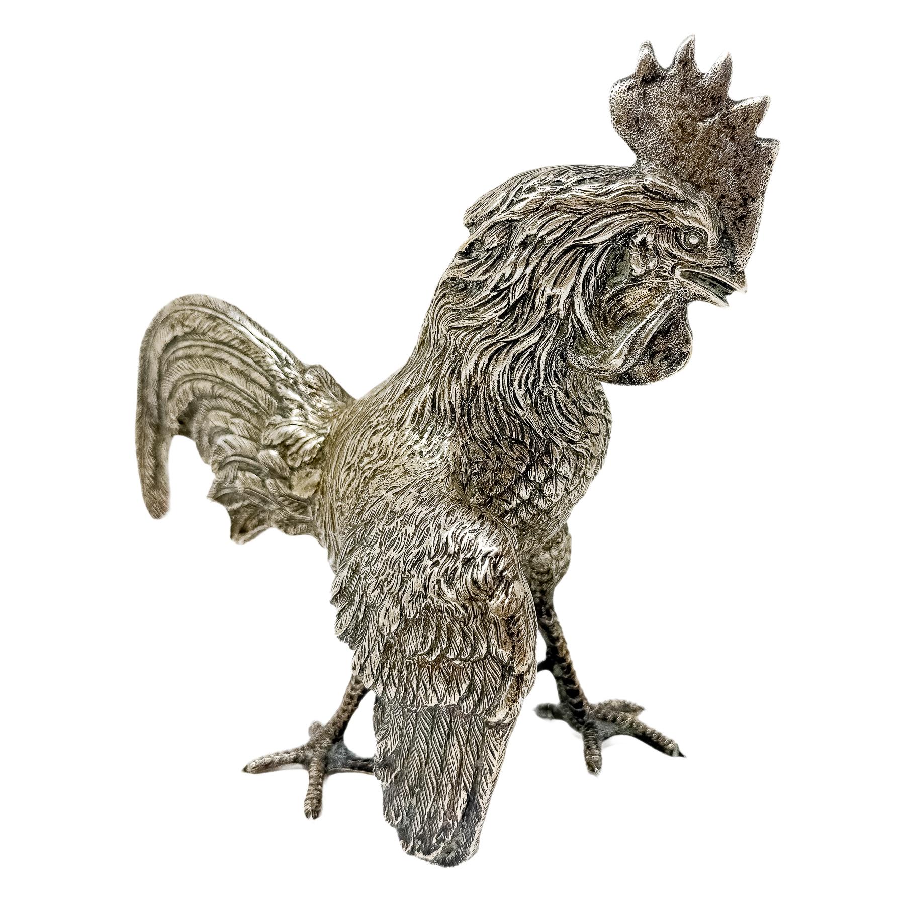 DOS GALLOS DE PELEA DE PLATA DE MEDIADOS DE SIGLO XX