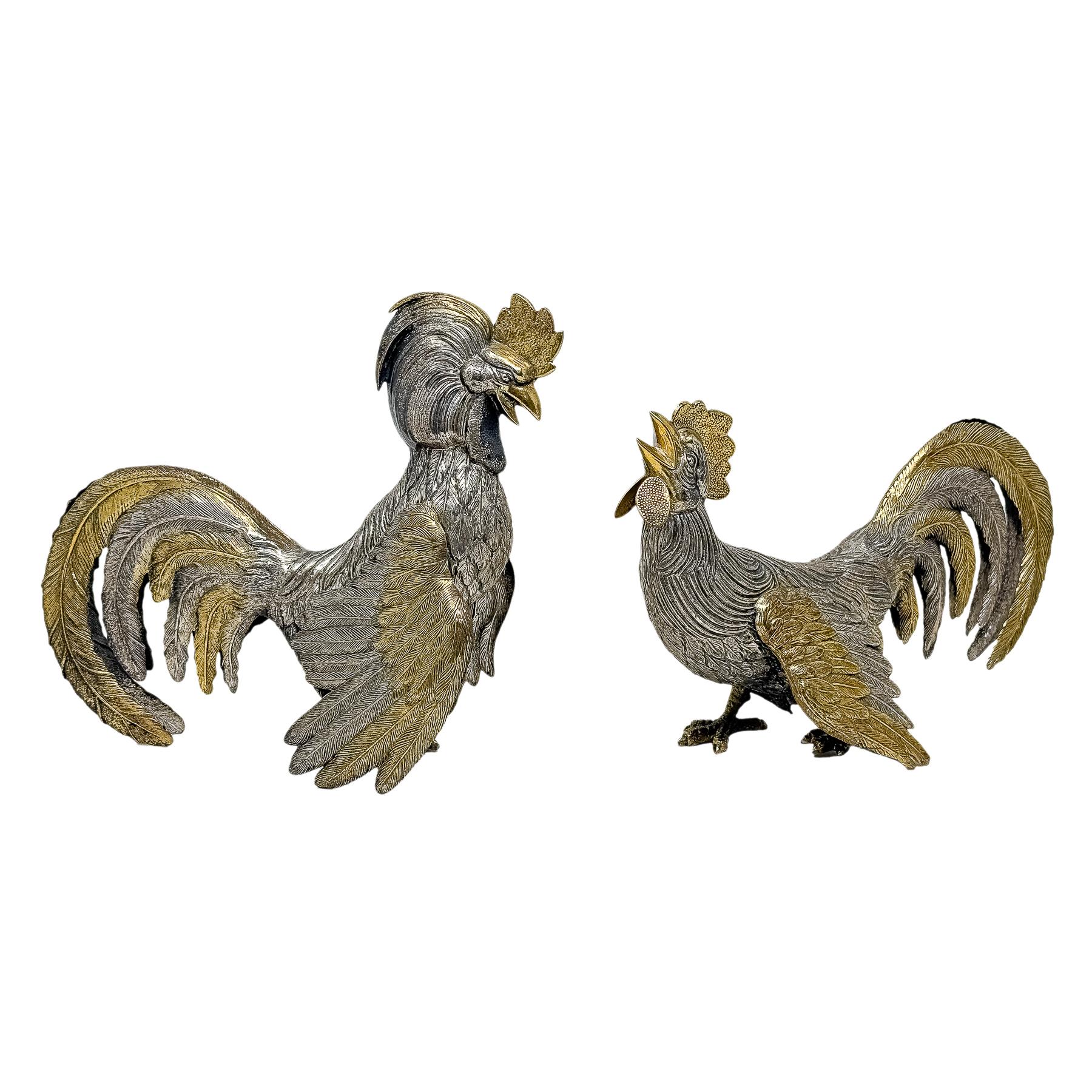 PAREJA DE GALLOS DE PLATA DE MEDIADOS DE S. XX