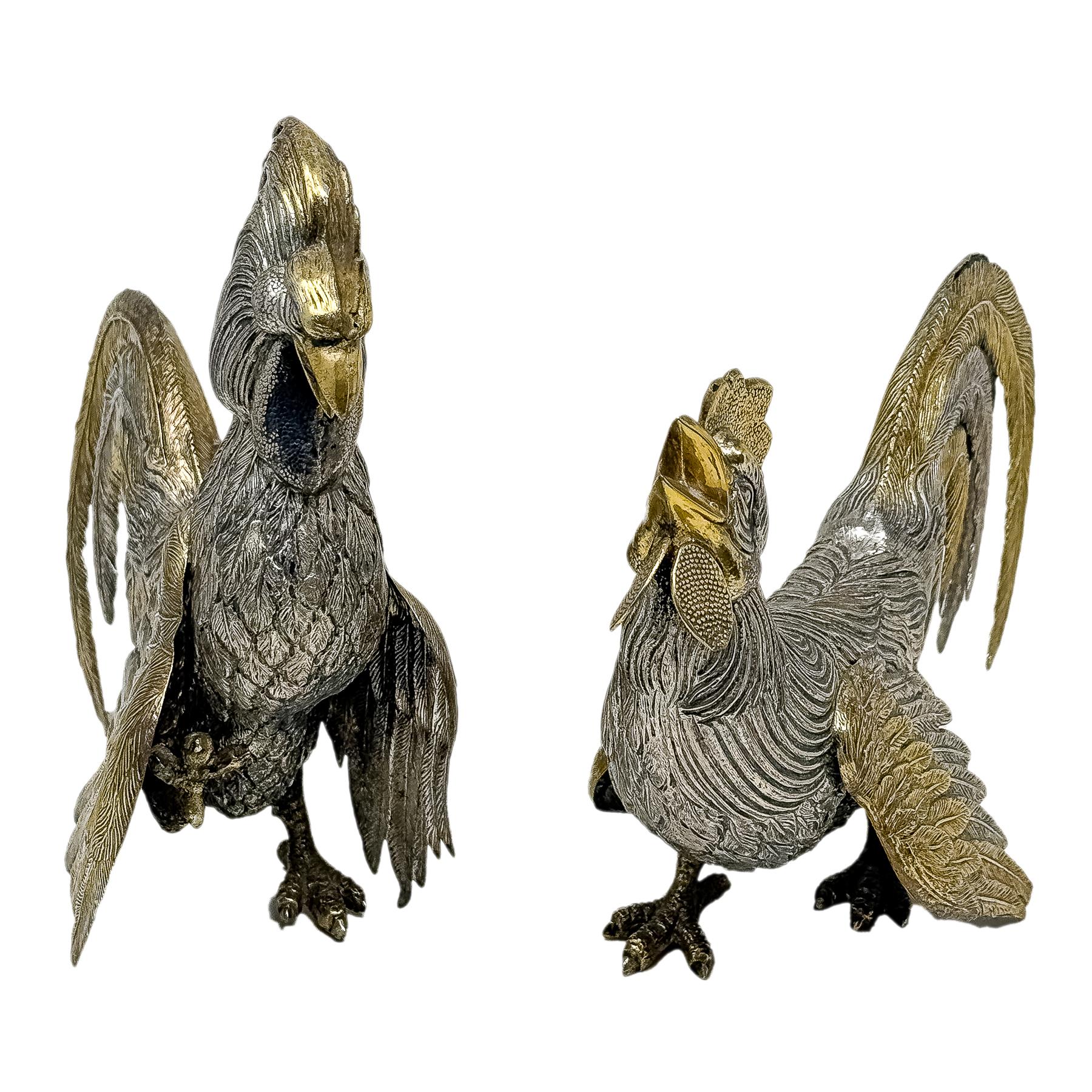 PAREJA DE GALLOS DE PLATA DE MEDIADOS DE S. XX