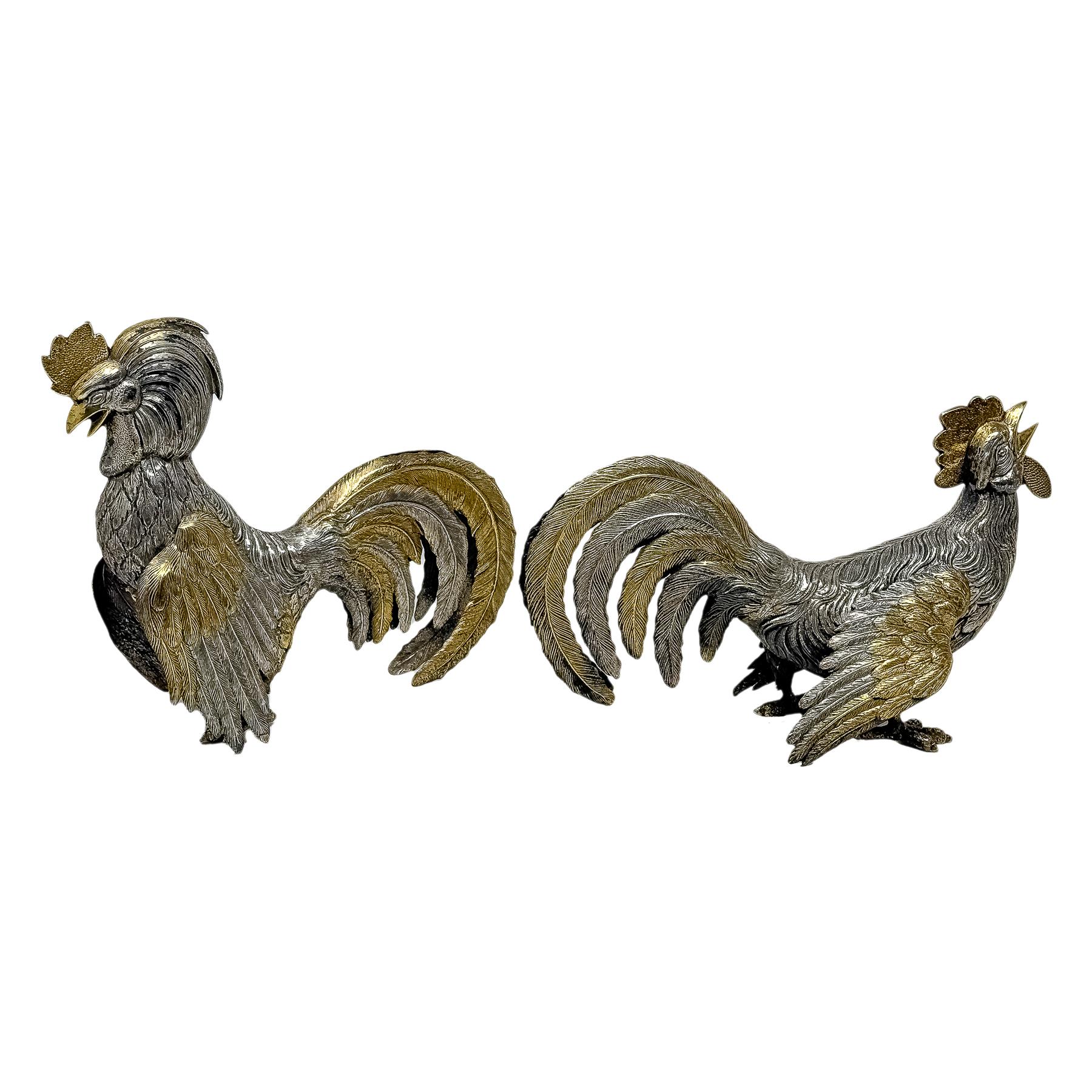 PAREJA DE GALLOS DE PLATA DE MEDIADOS DE S. XX