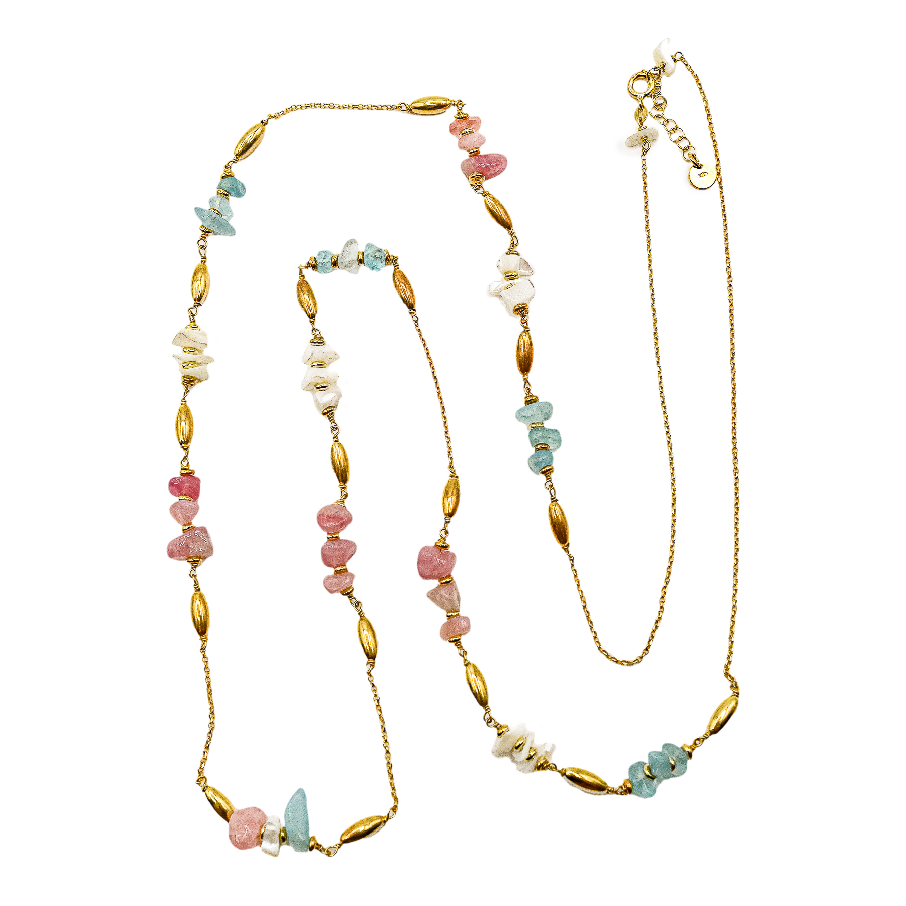 COLLAR LARGO CON NÁCAR, CUARZO ROSA Y CUARZO AZUL 