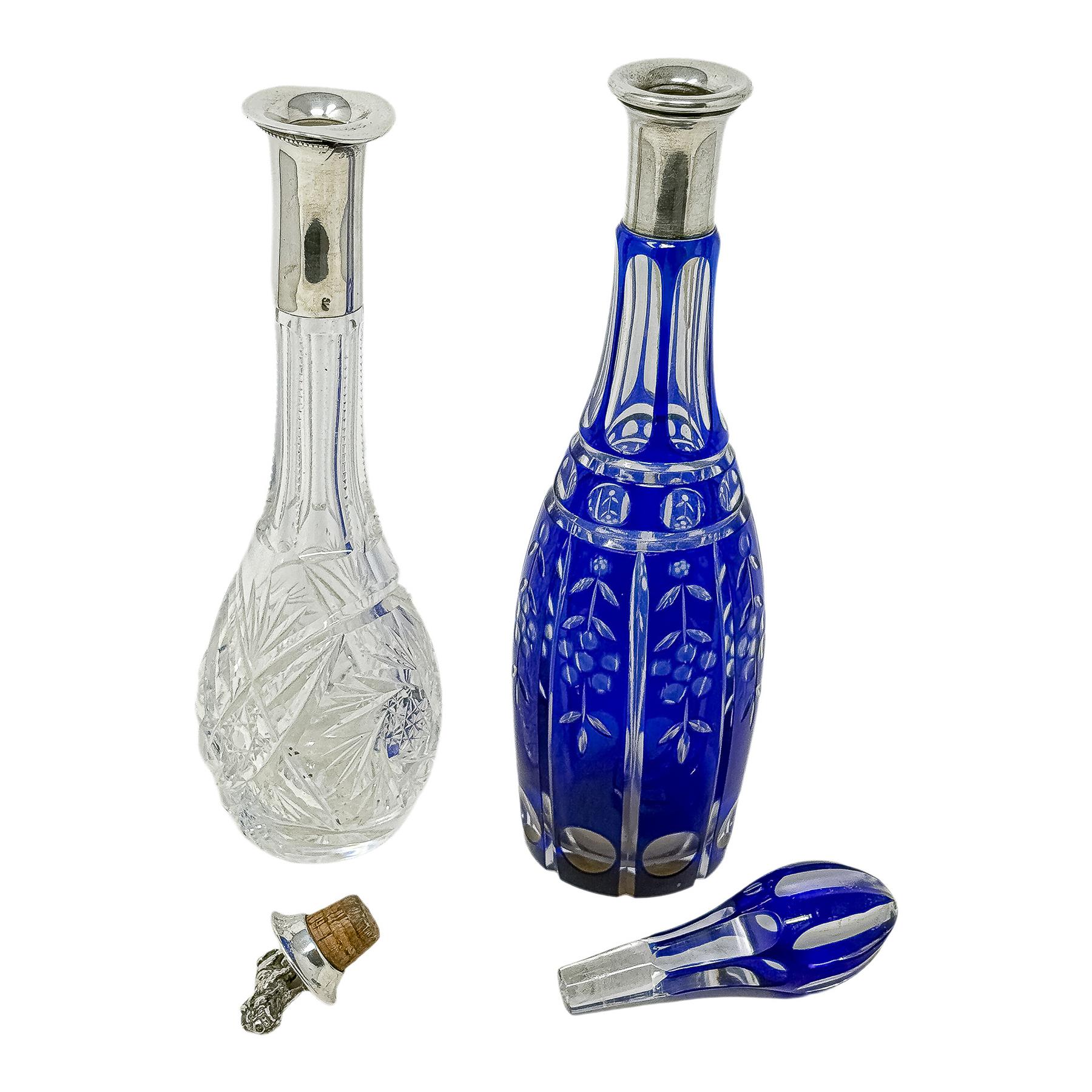 DOS BOTELLAS CRISTAL CON EMBOCADURA DE PLATA AÑOS 30