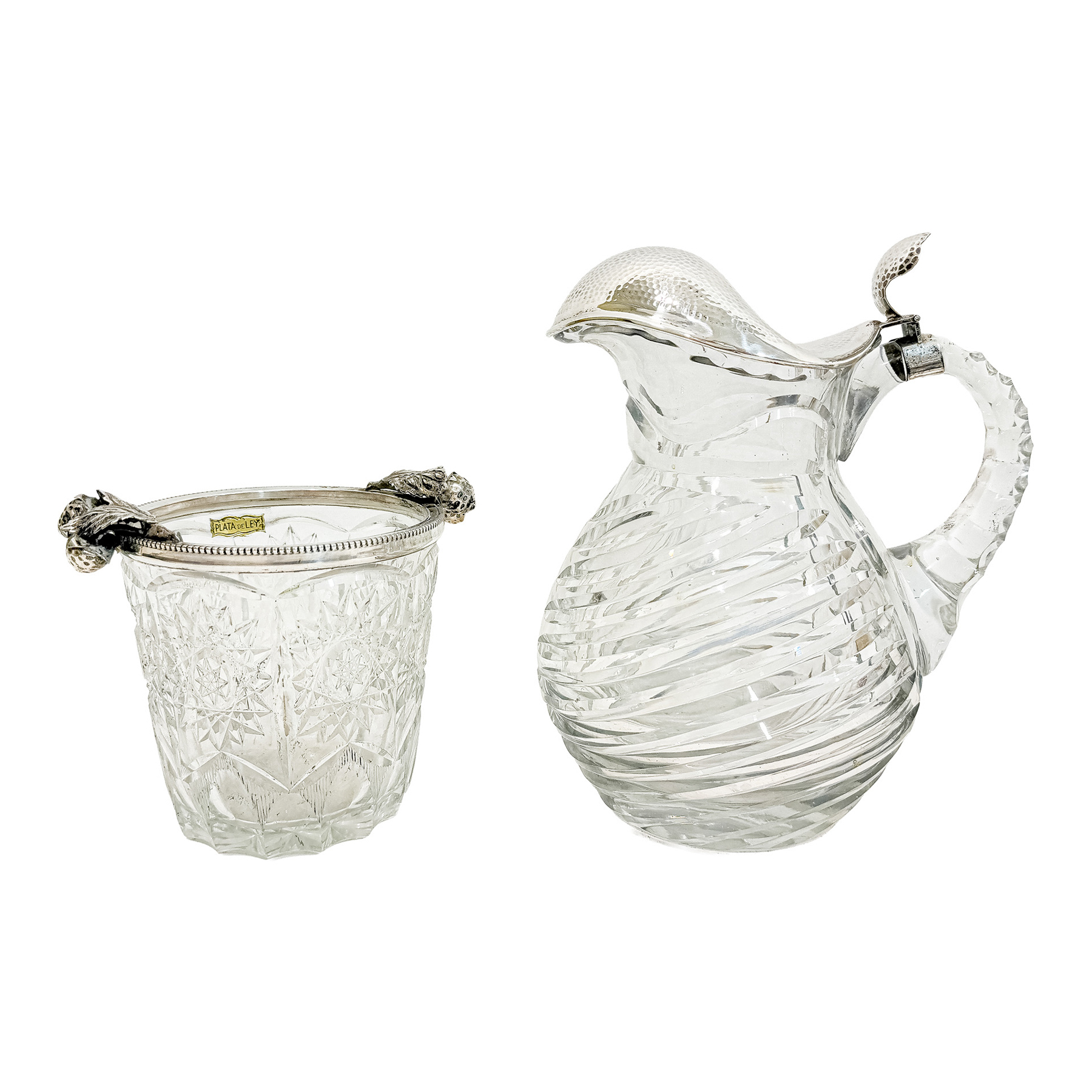 CUBITERA Y JARRA DE CRISTAL Y PLATA DE MEDIADOS DE S. XX