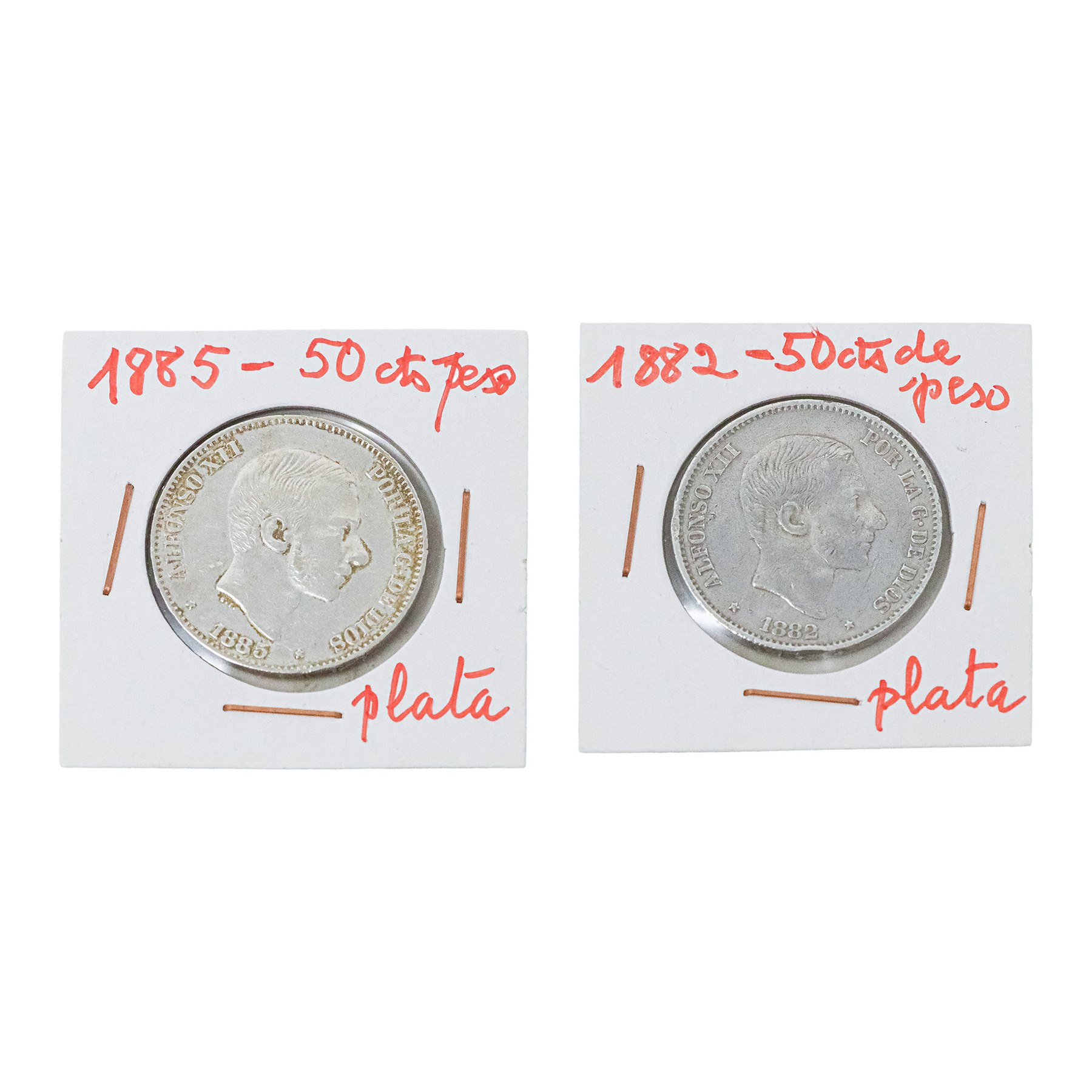 DOS MONEDAS DE 50 CÉNTIMOS DE PESO DE PLATA DE ALFONSO XII
