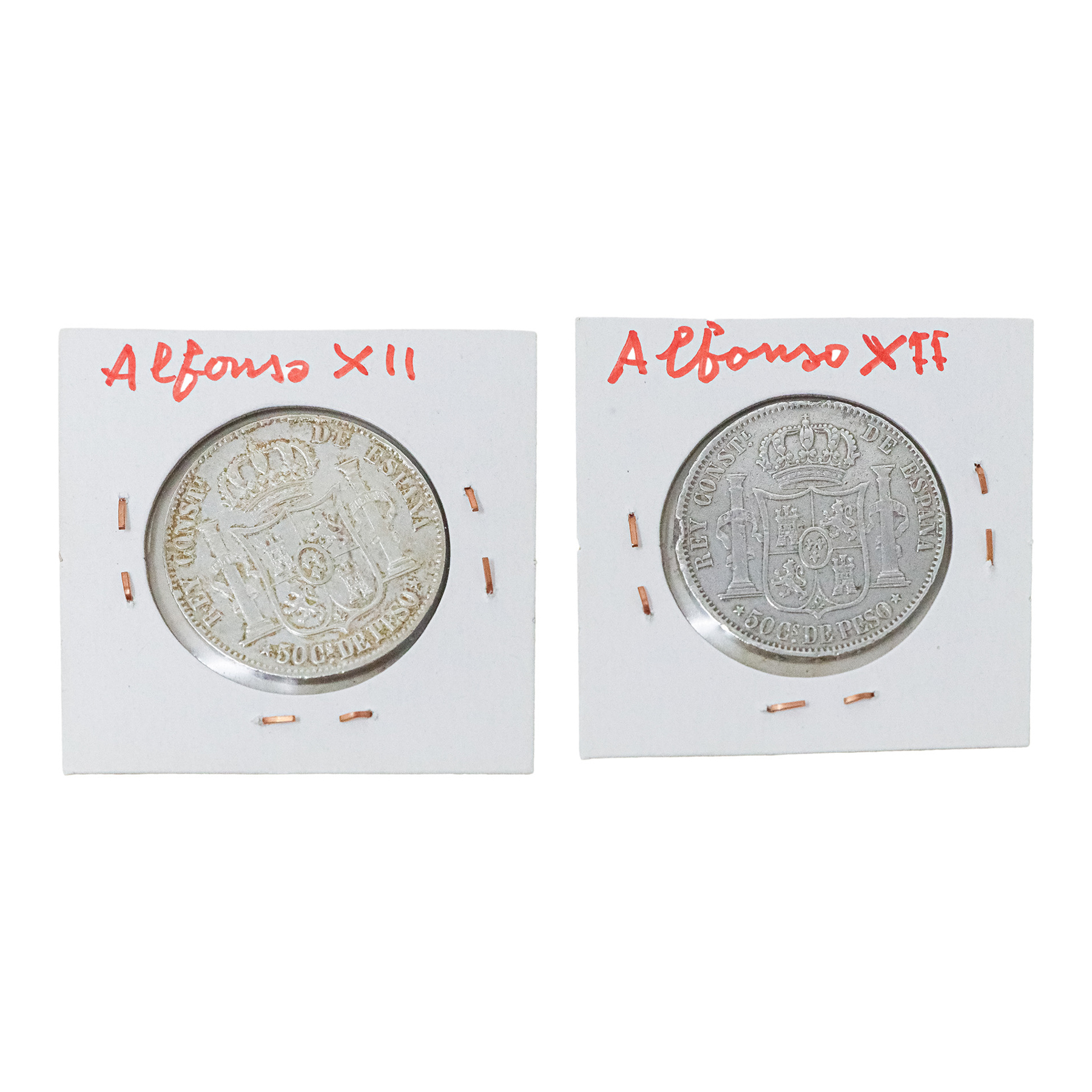 DOS MONEDAS DE 50 CÉNTIMOS DE PESO DE PLATA DE ALFONSO XII