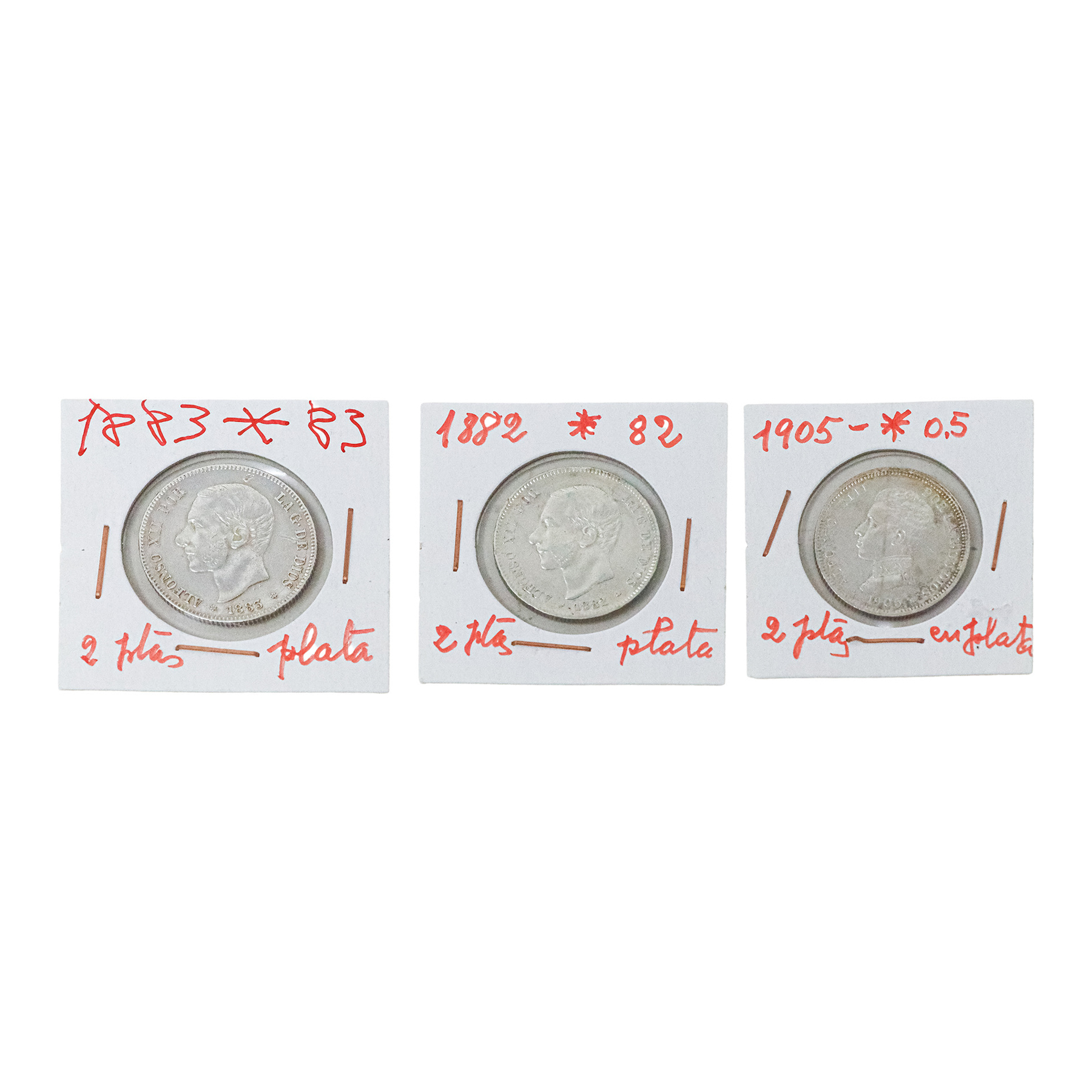 TRES MONEDAS DE DOS PESETAS DE PLATA   