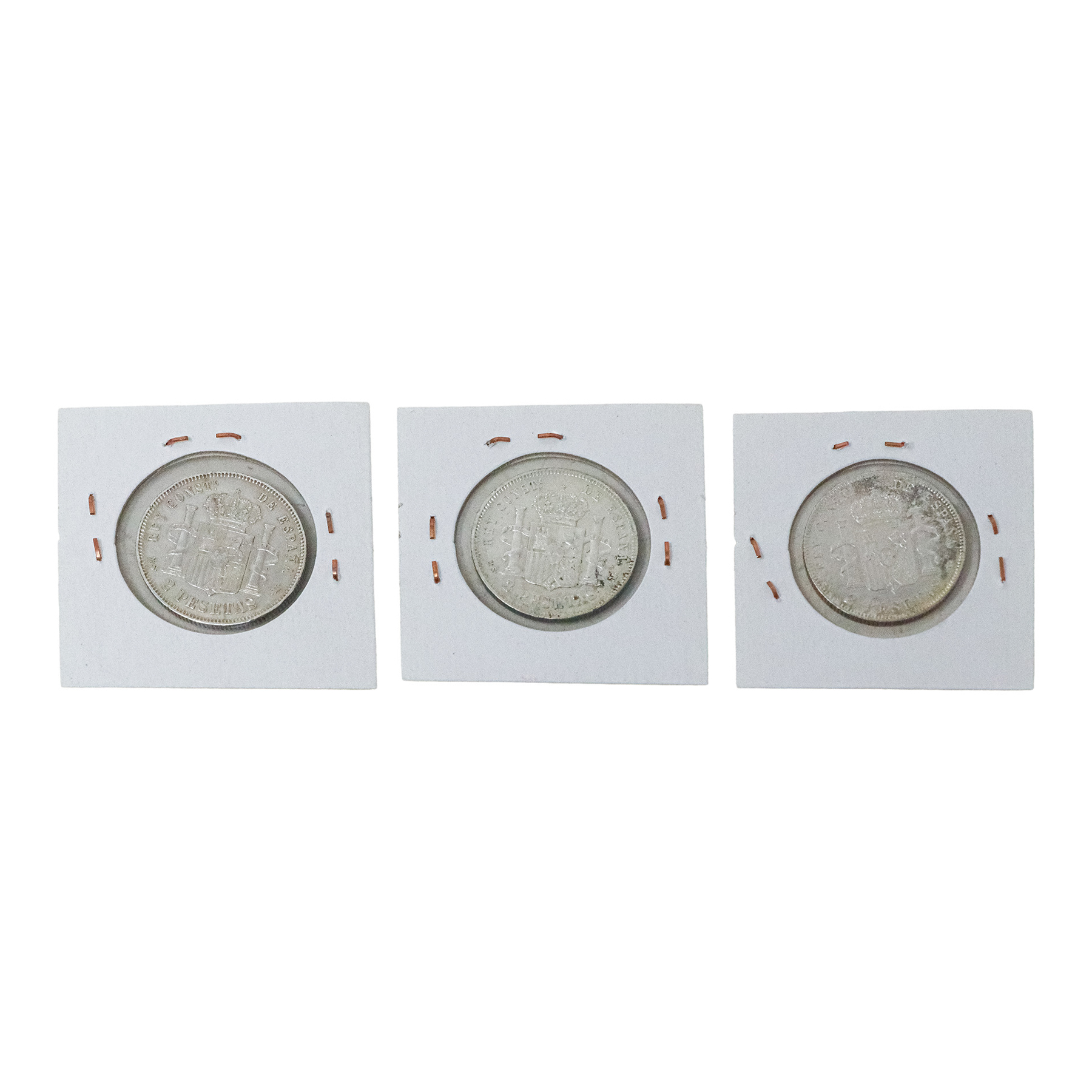 TRES MONEDAS DE DOS PESETAS DE PLATA   