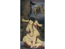 L. AMOR Desnudos con figuras goyescas Oleo sobre tabla 200 cm. x102 cm.