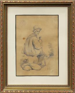 JOAQUÍN ARAUJO ( Madrid,1947) PASTOR DESCANSANDO SOBRE UNA ROCA. Carboncillo sobre papel 39 cm. x30 cm.