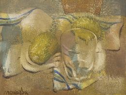 JOSÉ MORELLON (1944) Pintor zaragozano BODEGÓN DE FRUTAS Y VASO.